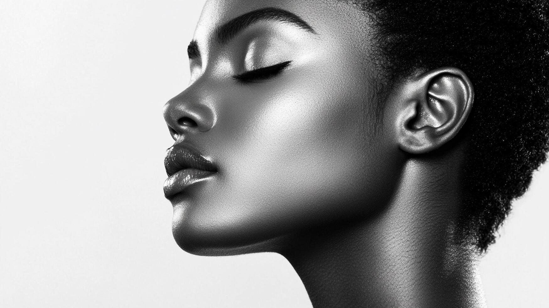 Serene profile of a woman with smooth skin and delicate features in a black and white portrait, showing natural beauty and elegance. photo