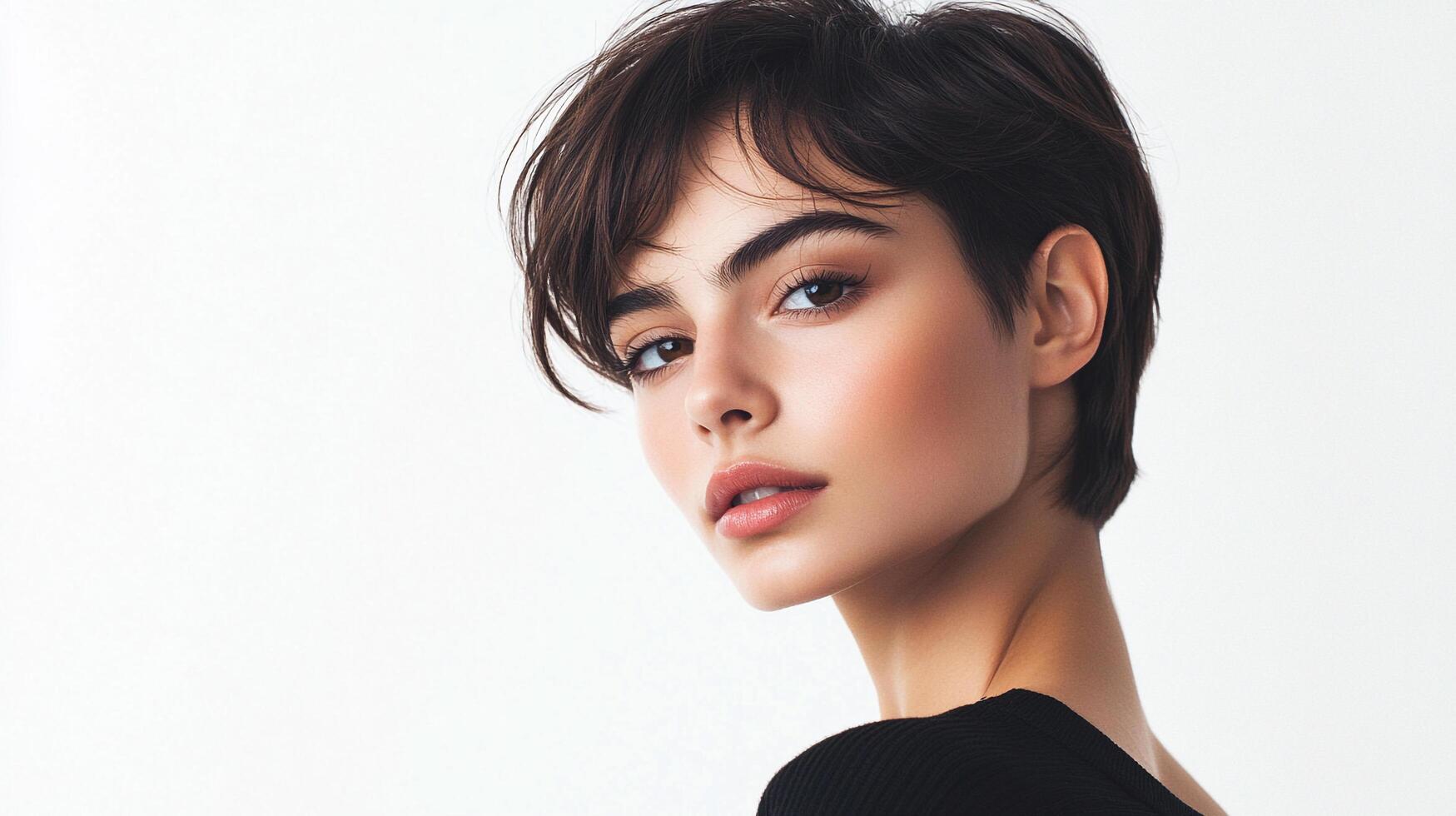 Striking brunette model with short, wavy hair gazing intently. Beautiful makeup highlighting features against a stark background. photo