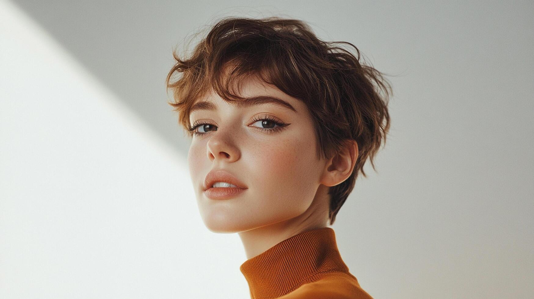 Close-up of a confident woman with short, wavy brown hair, elegant eyeliner, and a warm brown turtleneck against a bright backdrop. photo