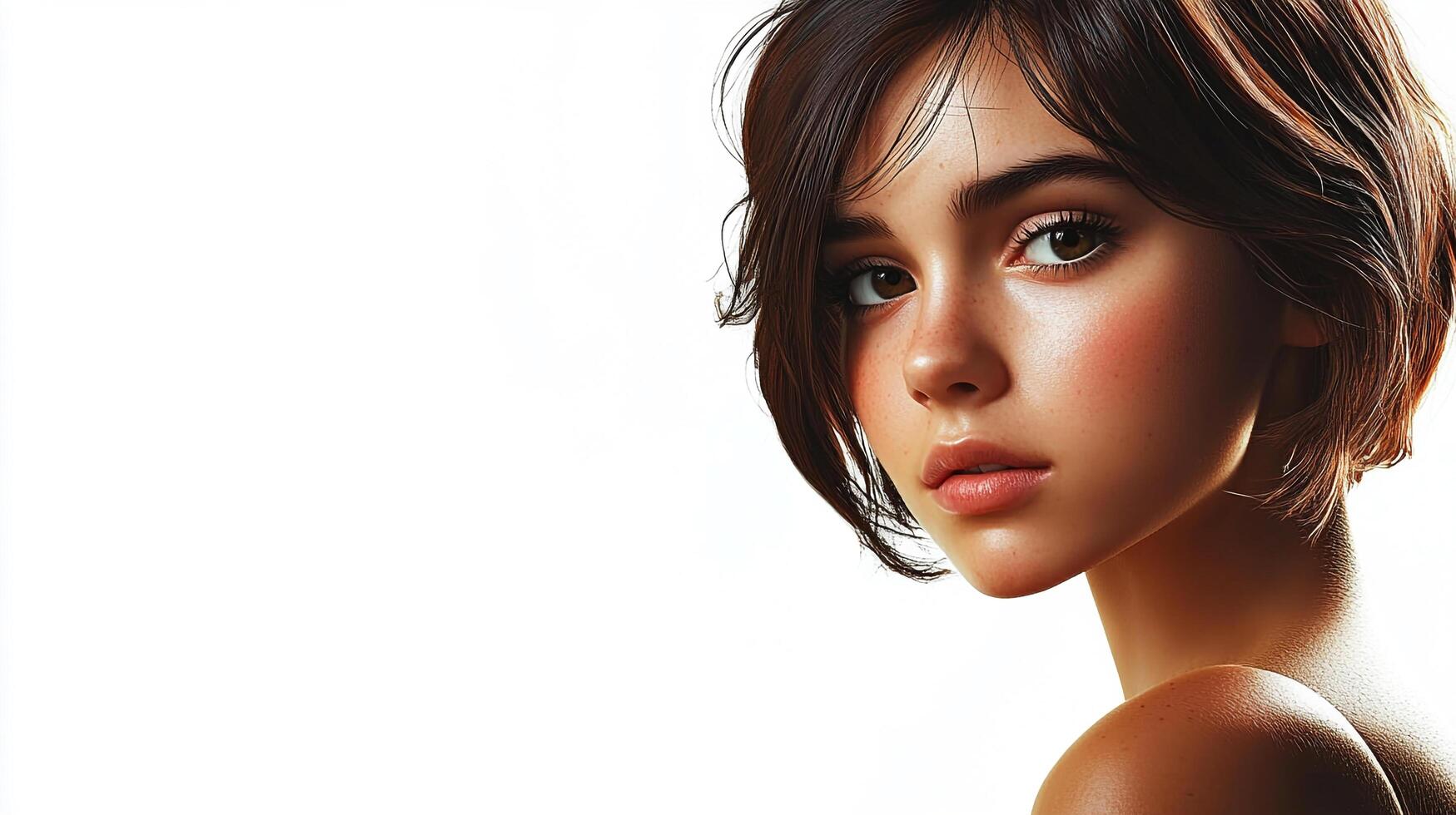 Portrait of a young woman with short brown hair and freckles, set against a bright, clean background. She has a direct and captivating gaze. photo