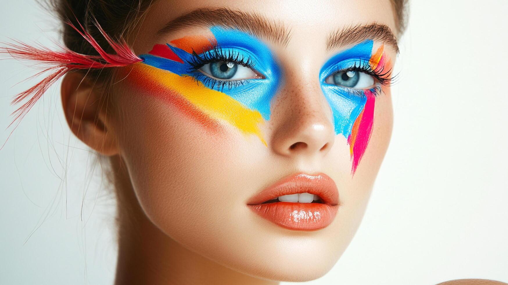 A vibrant portrait featuring a young woman with artistic face paint in a spectrum of colors, accentuated by delicate feather details. photo