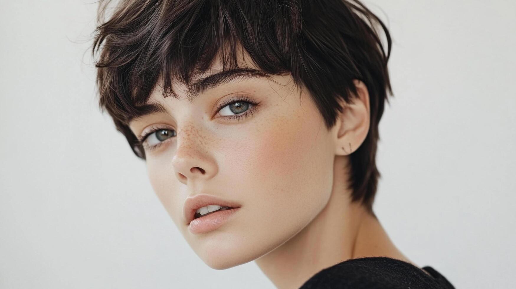 Portrait of a youthful woman with a pixie haircut, captivating green eyes, and a sprinkling of freckles on her fair skin. photo