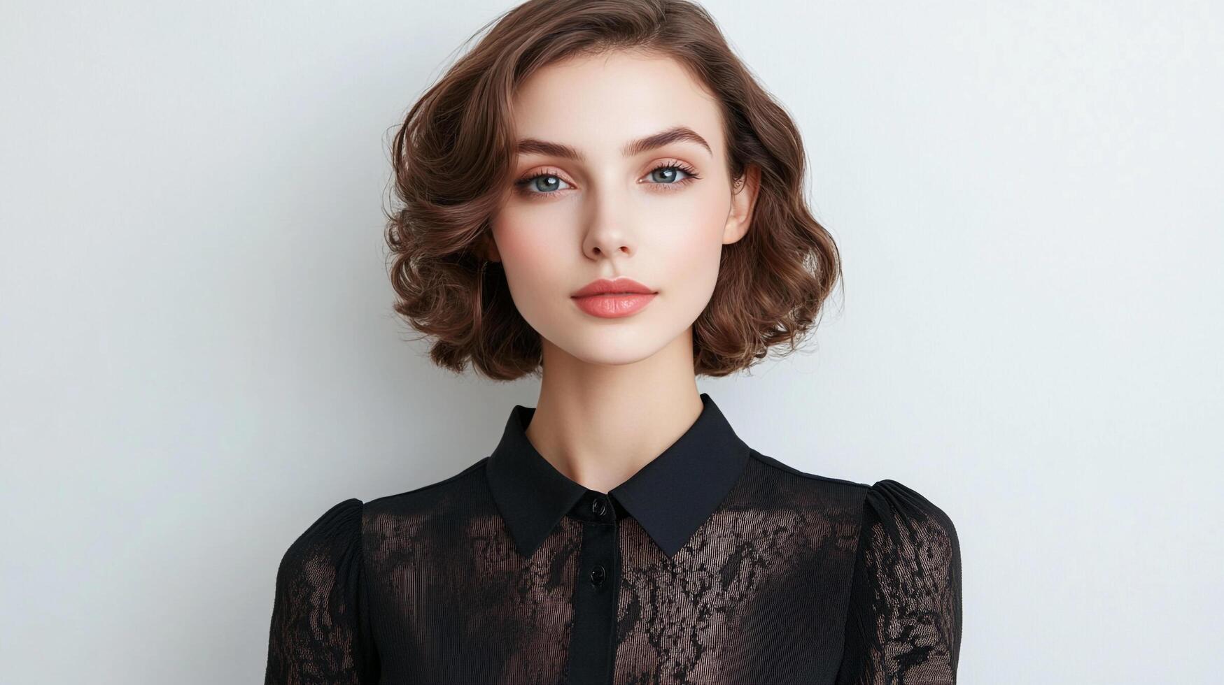 Portrait of a young woman with a lace top, standing against a plain white background. She is stylish and classy. photo