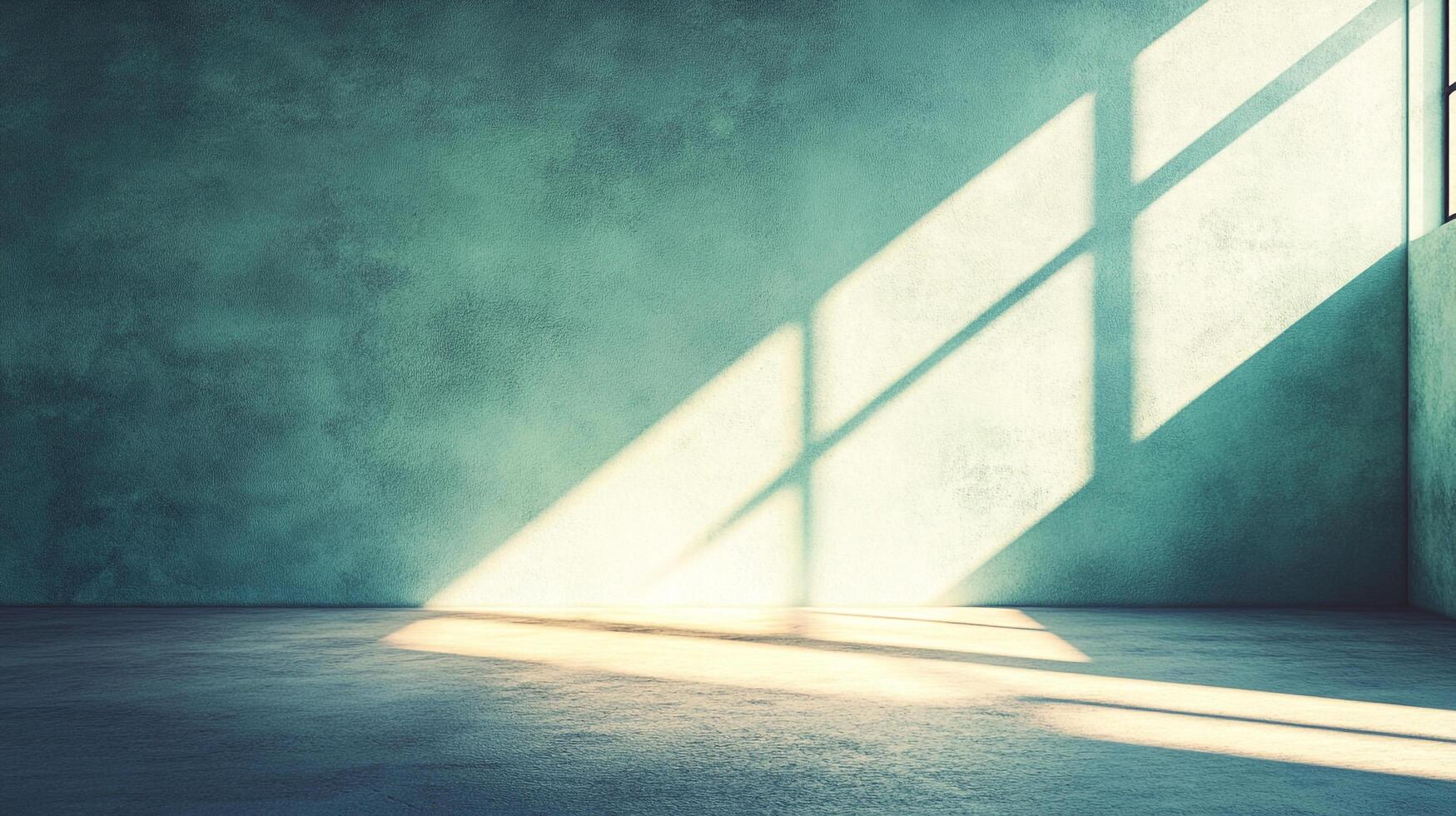 Sunlight streams through a window illuminating a minimalist room, creating stark shadows on the textured wall and floor. Serene and simple. photo