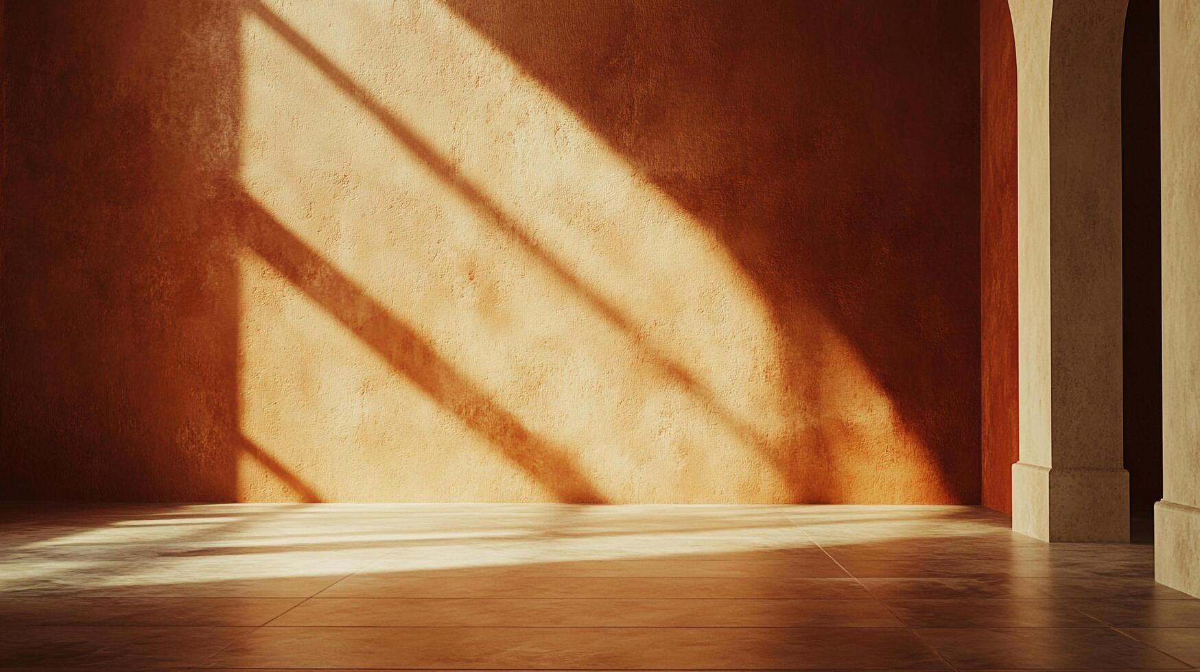 Sunlight streams through window onto textured orange wall, illuminating an empty space and a column adding depth and architectural detail. photo
