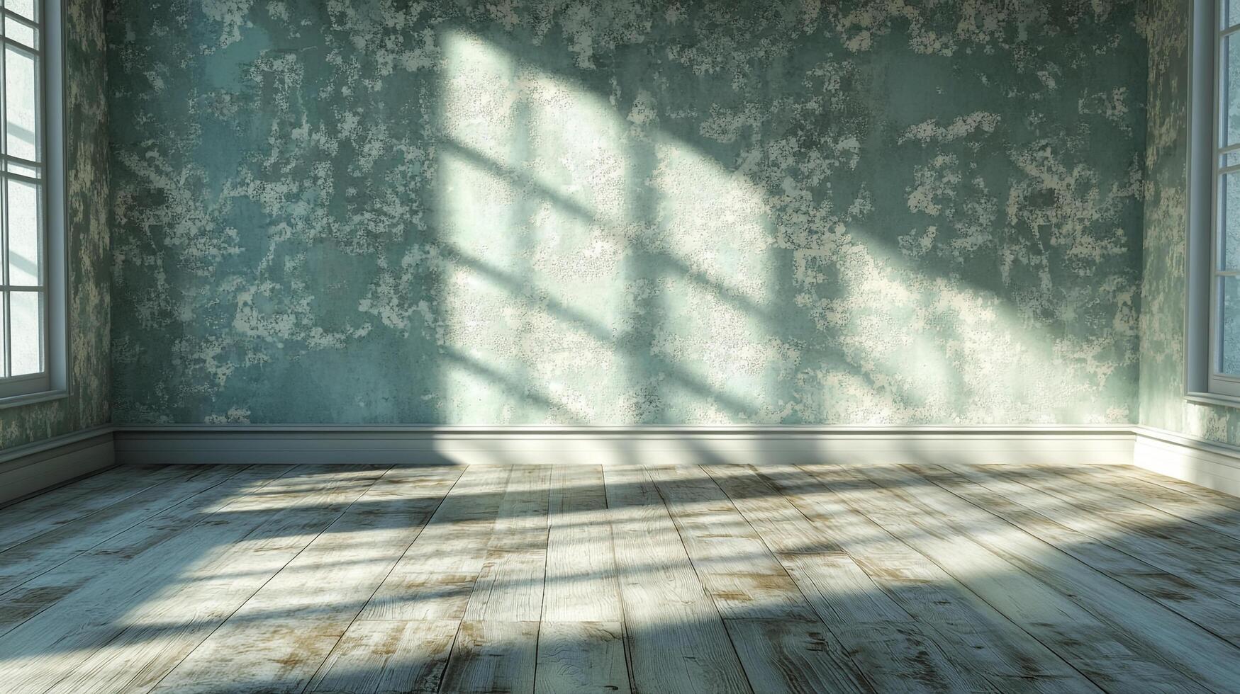 Sunlight through a lattice window shines on a vintage blue wall creating shadows on the wall and aged wooden floor. Simple and peaceful. photo