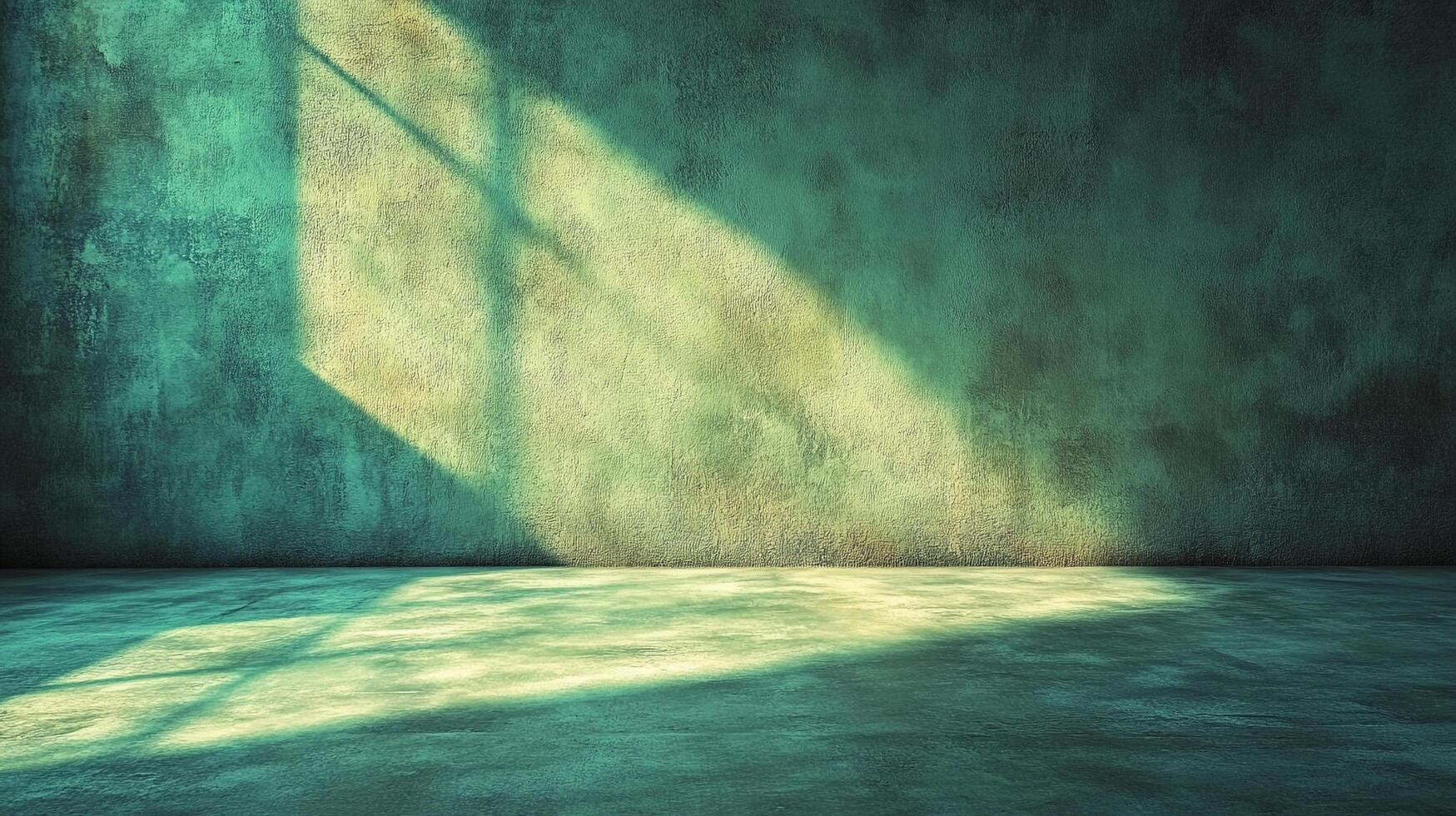 Abstract interior with light streaming through a window, casting shadows on the weathered wall and floor in shades of green and yellow. photo
