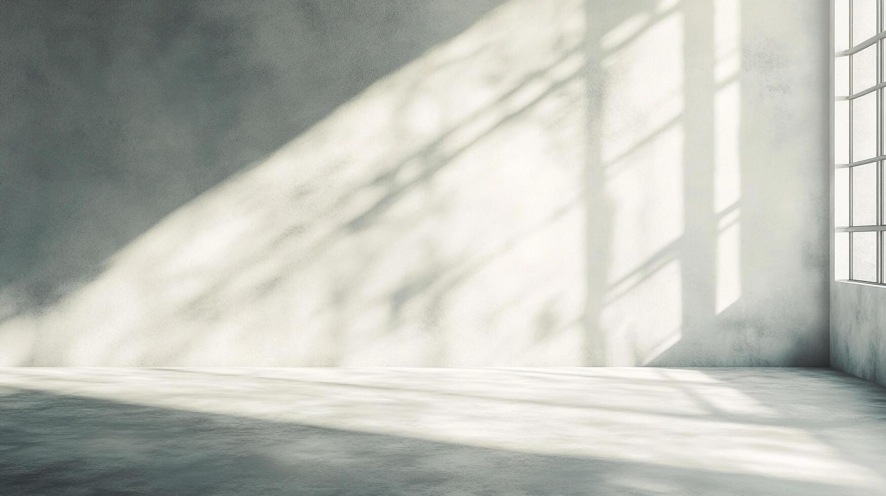 An empty minimalist room bathed in sunlight with shadows creates a tranquil and contemplative space in a concrete setting. photo