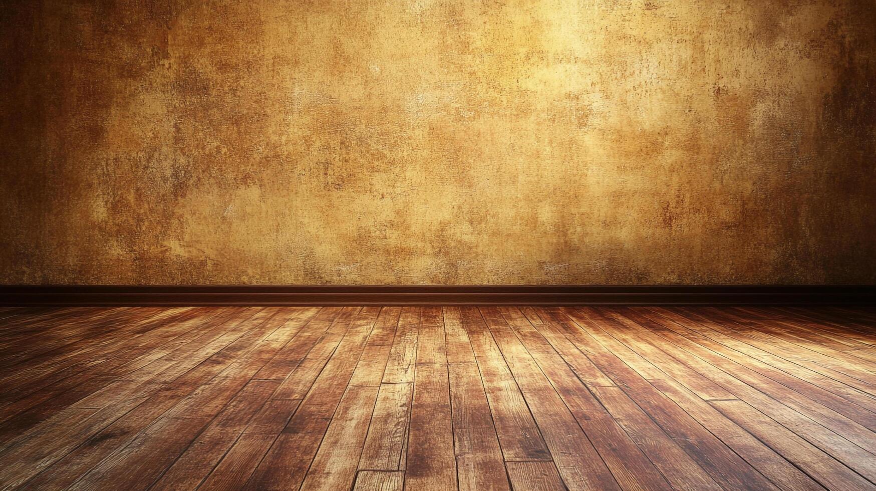 A textured gold wall meets a warm, brown hardwood floor in this empty room. The scene evokes a sense of rustic elegance and timeless appeal. photo