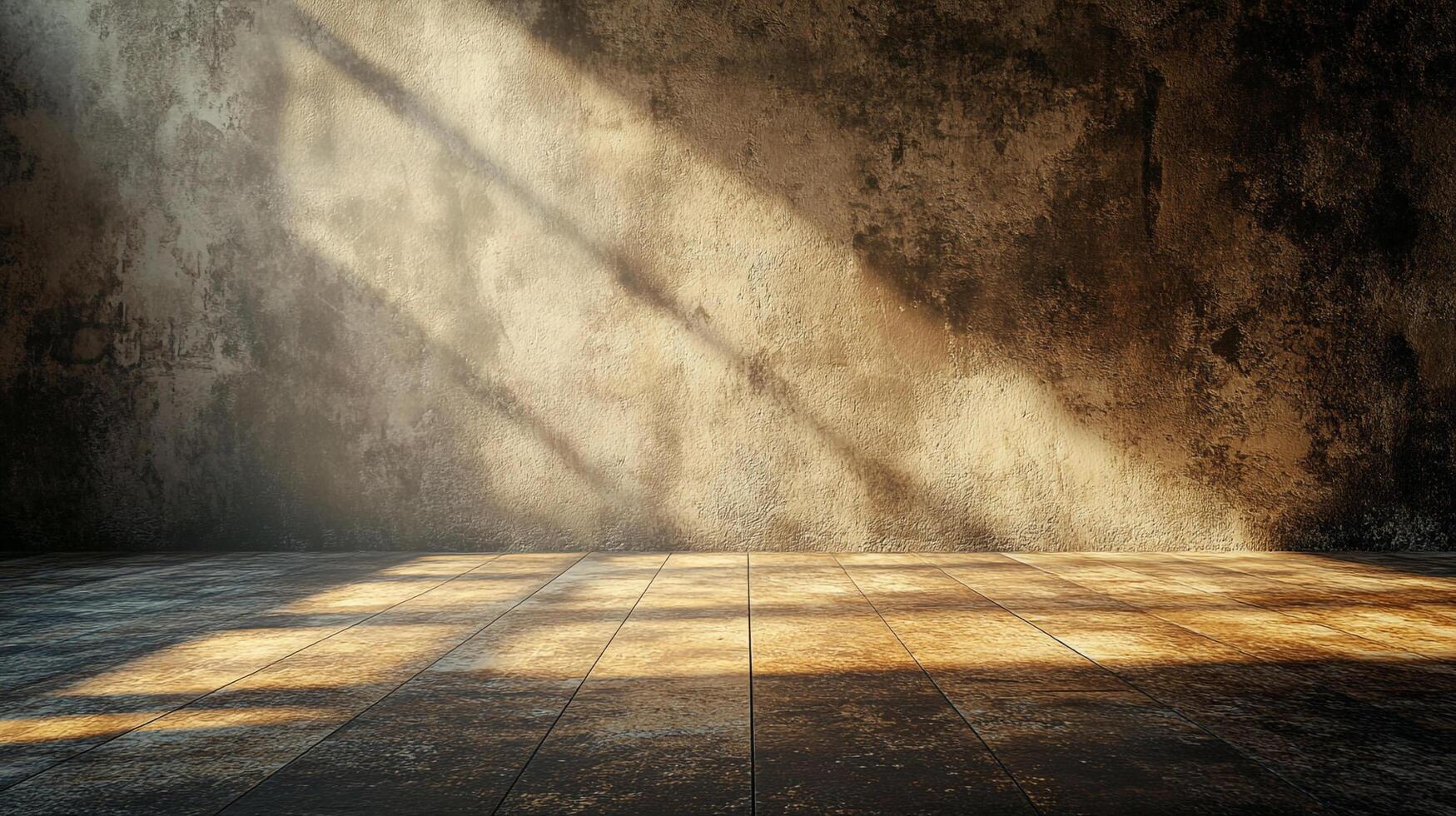 Sunlight streams into a textured room, highlighting the aged plaster wall and wood floor. A study in light, shadow and rustic charm. photo