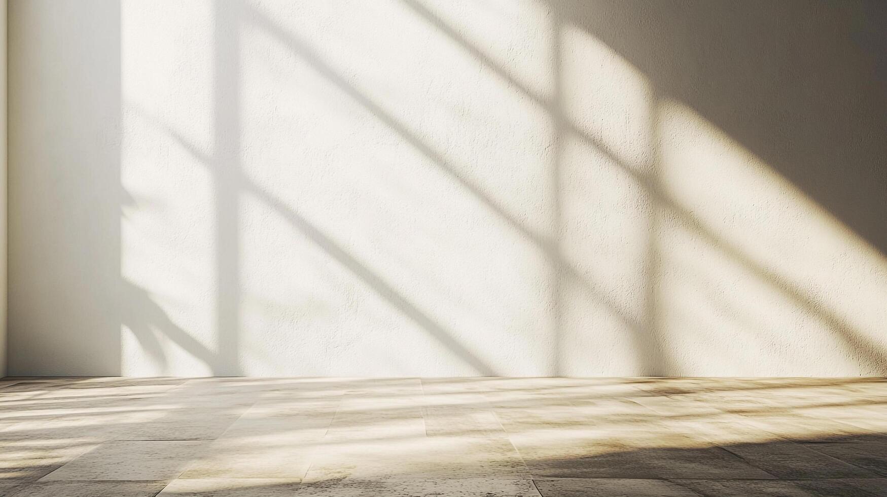 Sunlight streams through a window, casting shadows across a neutral colored wall and tile floor in an empty interior space. photo
