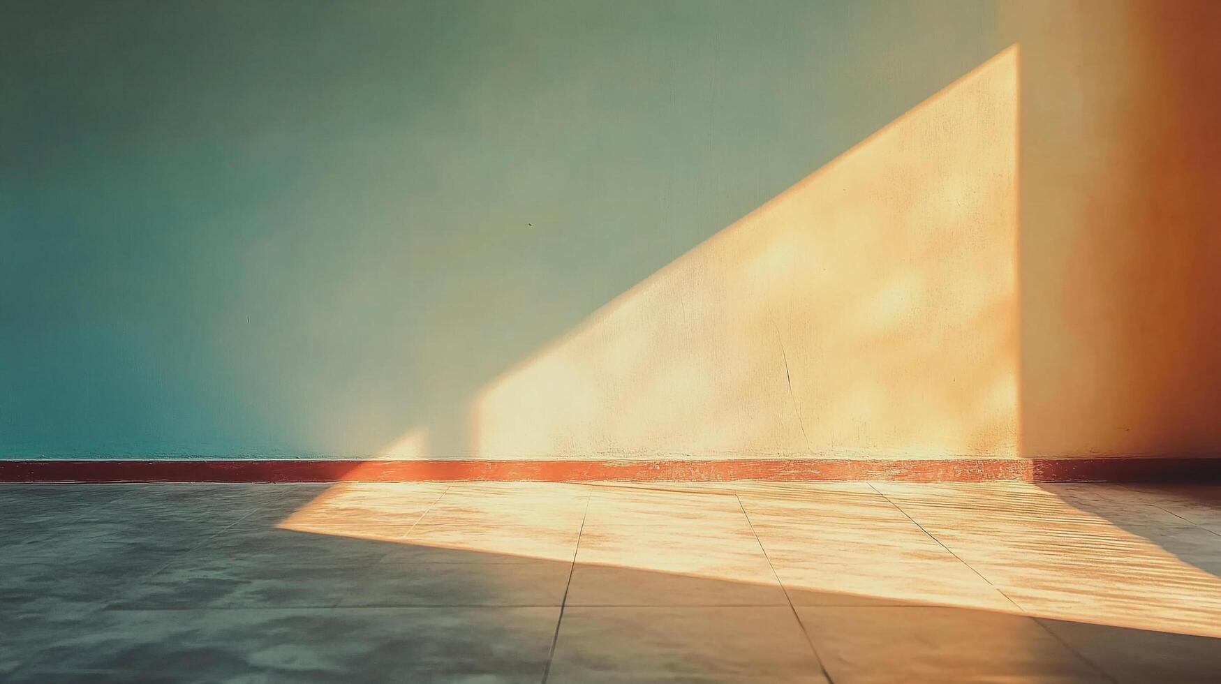 Sunlight paints a geometric masterpiece on a teal wall, contrasting with the warm tones of the floor and baseboard, in an inviting interior scene. photo
