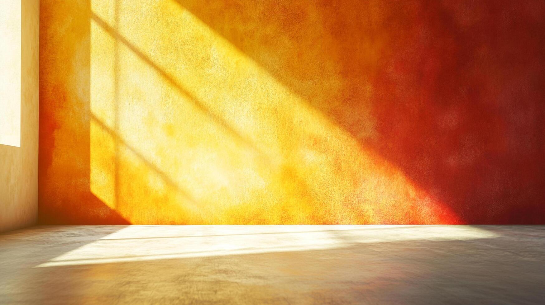 Sunlight streams through a window, illuminating a textured wall in shades of yellow and orange, casting shadows across the bare floor. photo