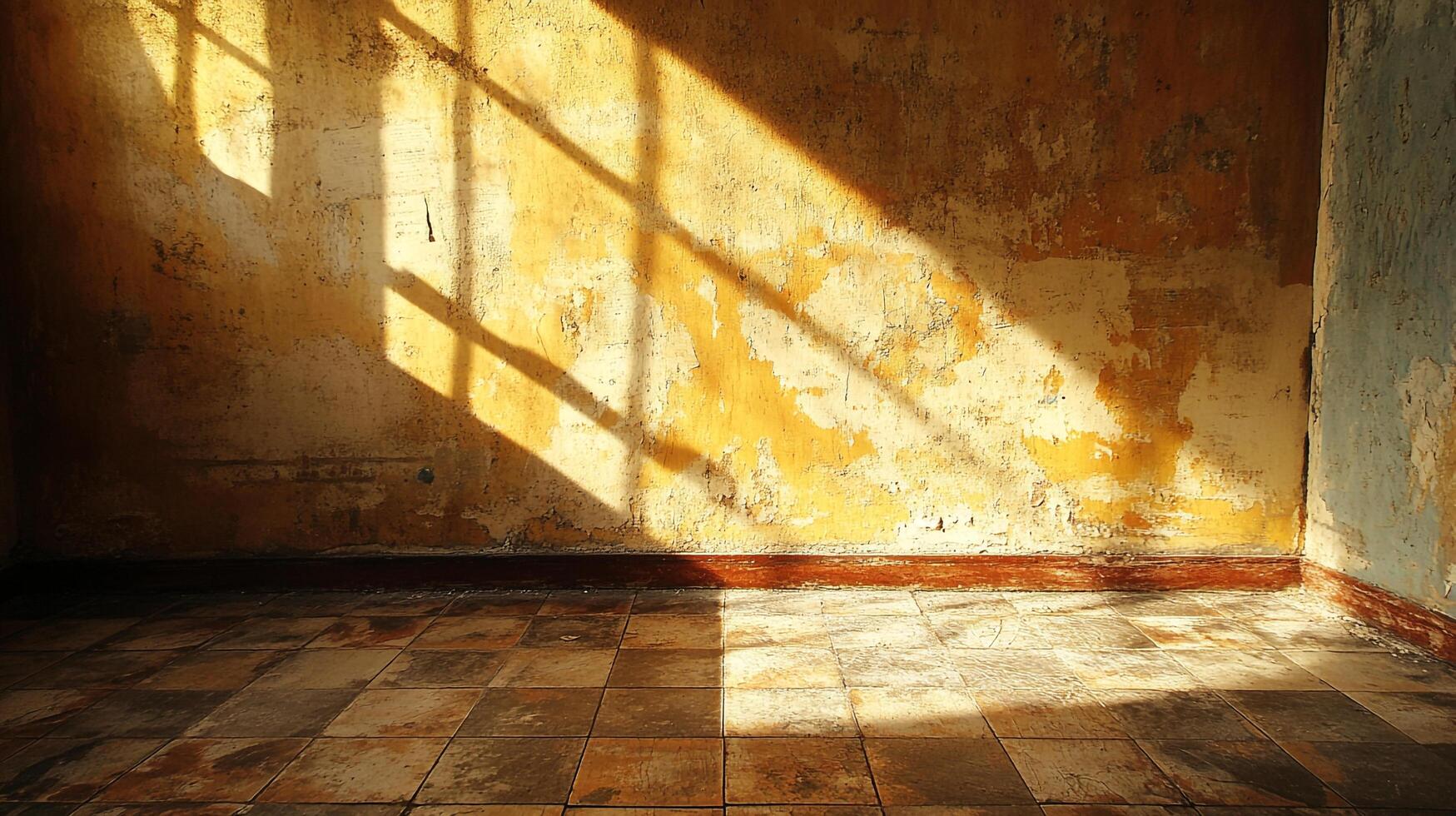 Sunlight casts shadows on a textured wall inside a weathered room, illuminating the aged and worn surface of the room. photo