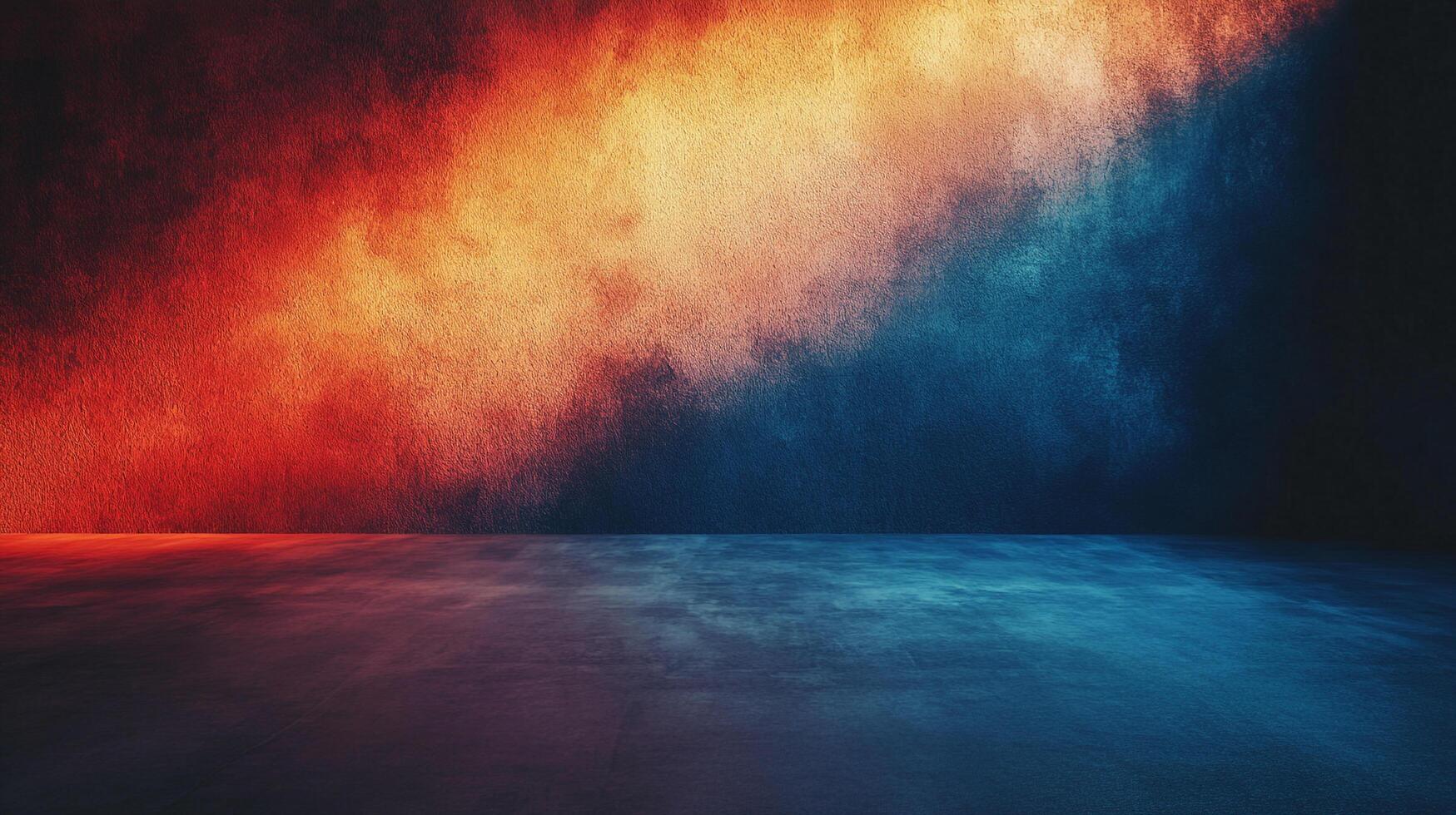 Abstract color wash background with orange, yellow, and blue hues blending on textured surface. Artistic and atmospheric backdrop. photo