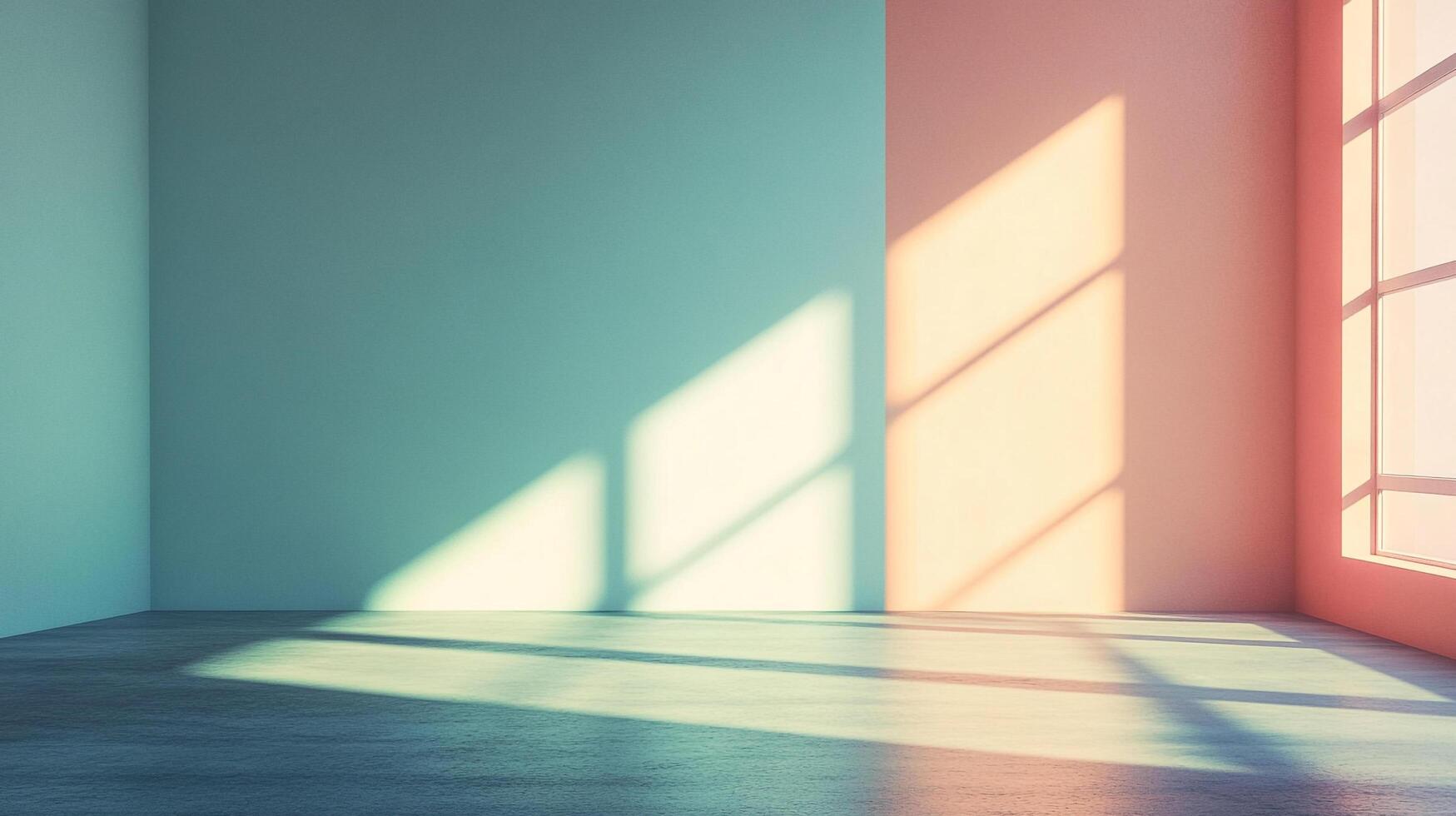 Sunlight streams into a room with two-toned walls, casting shadows and creating a warm, inviting atmosphere. Interior setting, soft light. photo