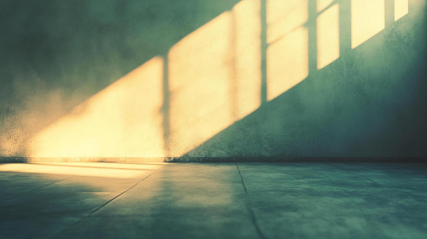Sunlight streams through a window, casting patterns on the wall and floor. A serene and minimalist scene filled with light and shadow. photo