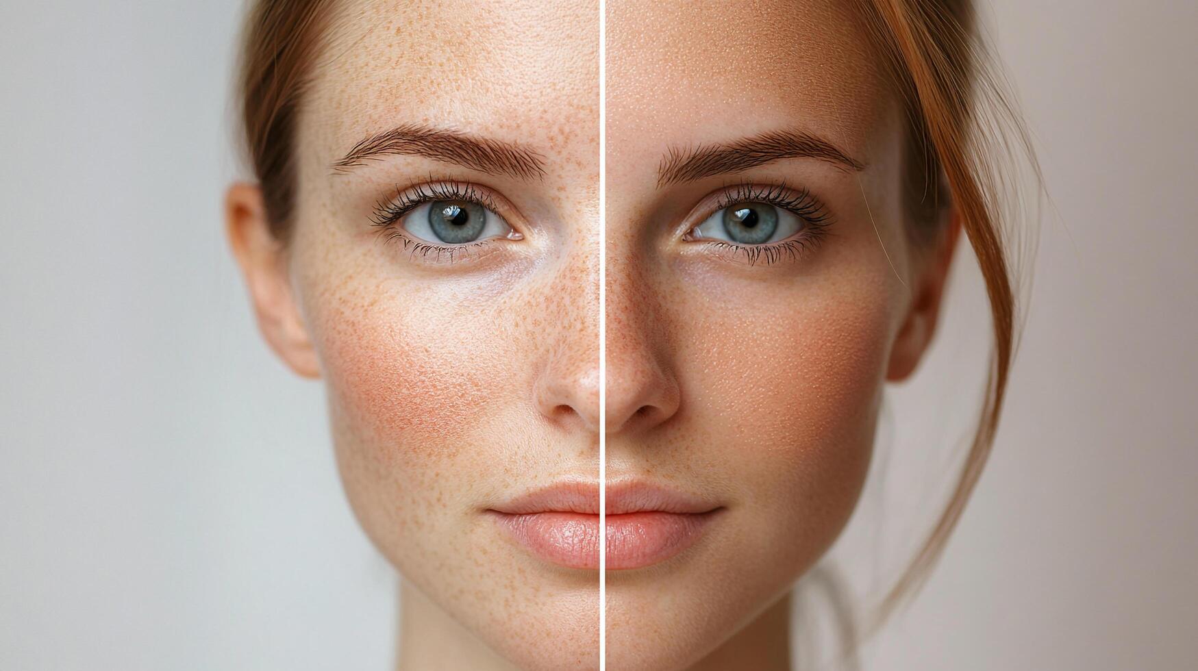 Woman's face split between freckled skin and photoshopped skin with removed freckles and enhanced makeup and skin tone. photo