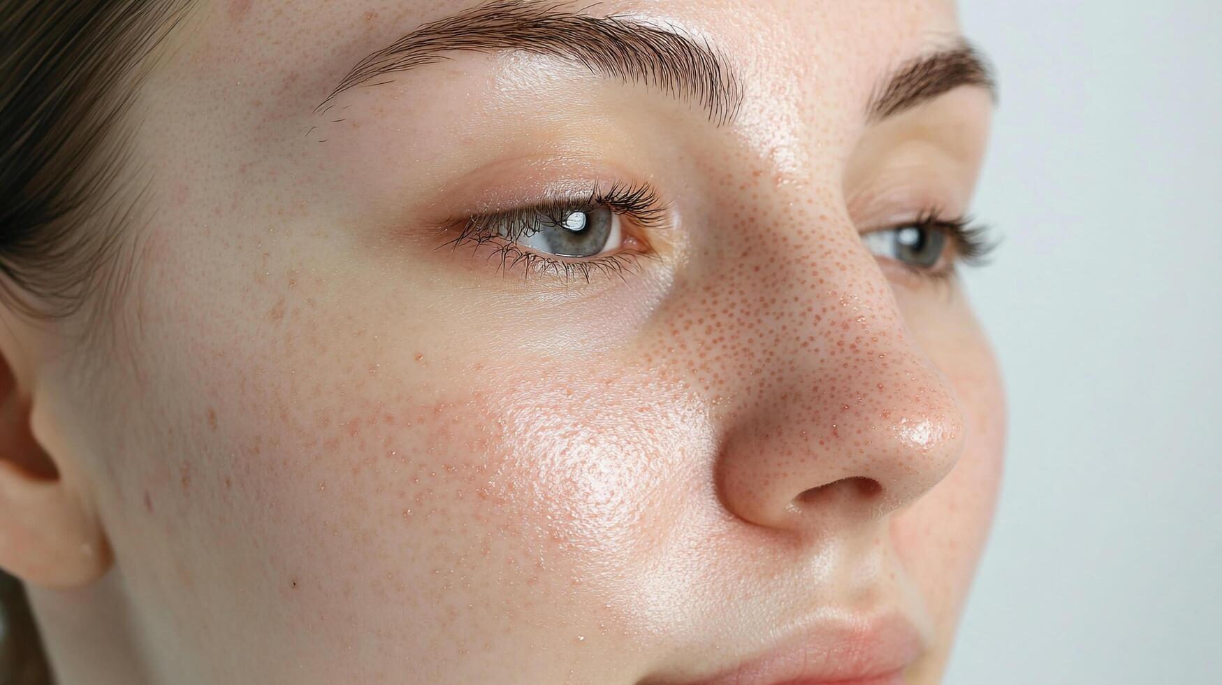 Close-up showcasing skin with visible pores and texture, emphasizing natural beauty and detailed skin analysis. photo
