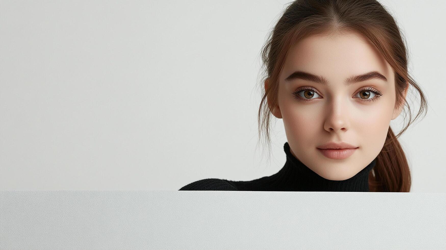 Portrait of a young woman with brown hair, wearing a black turtleneck, with a clean and minimalist aesthetic. Neutral background. photo