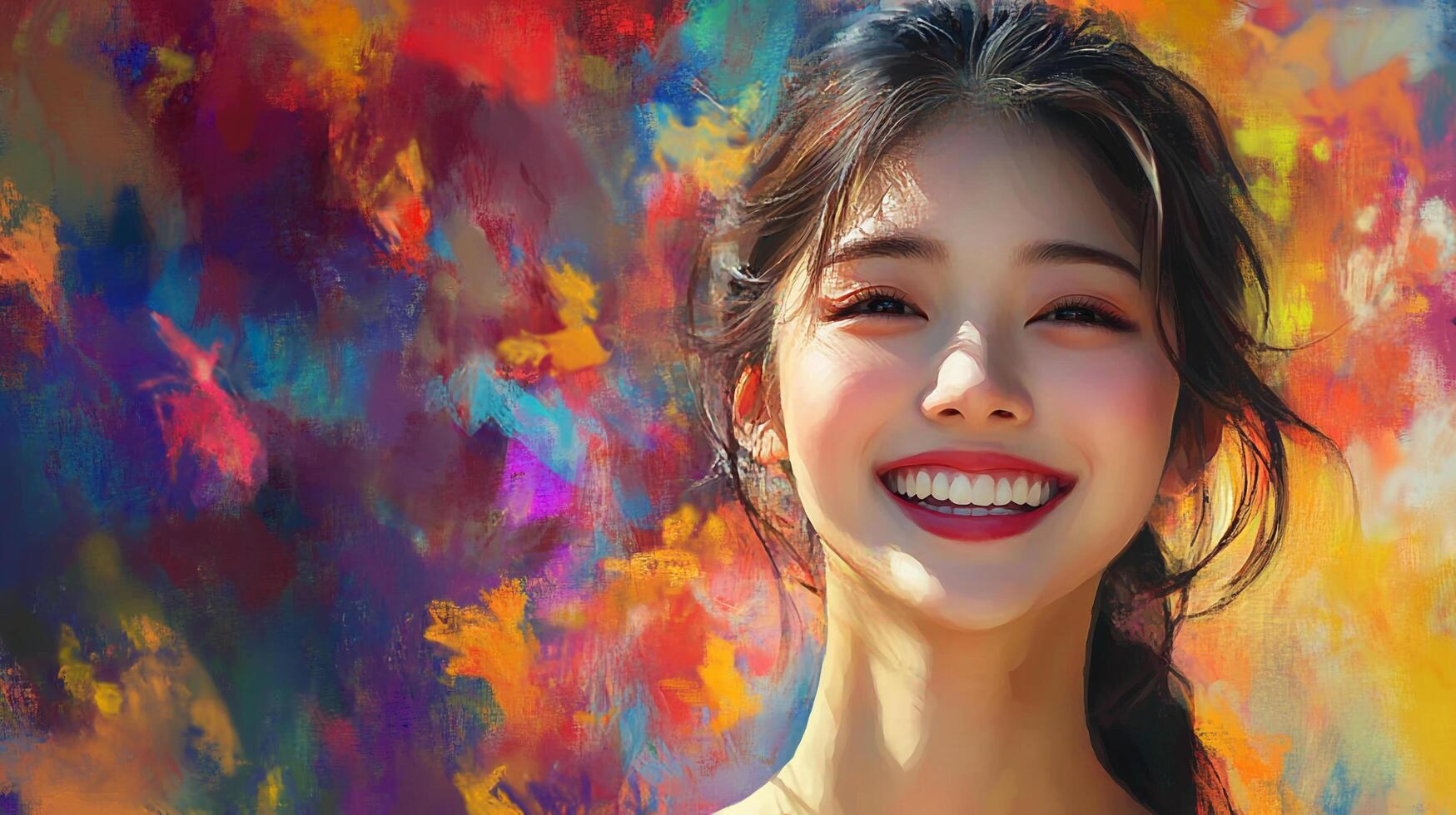 Radiant smile against an abstract backdrop. The warm lighting highlights the woman's cheerful expression, enhancing the artistic feel. photo