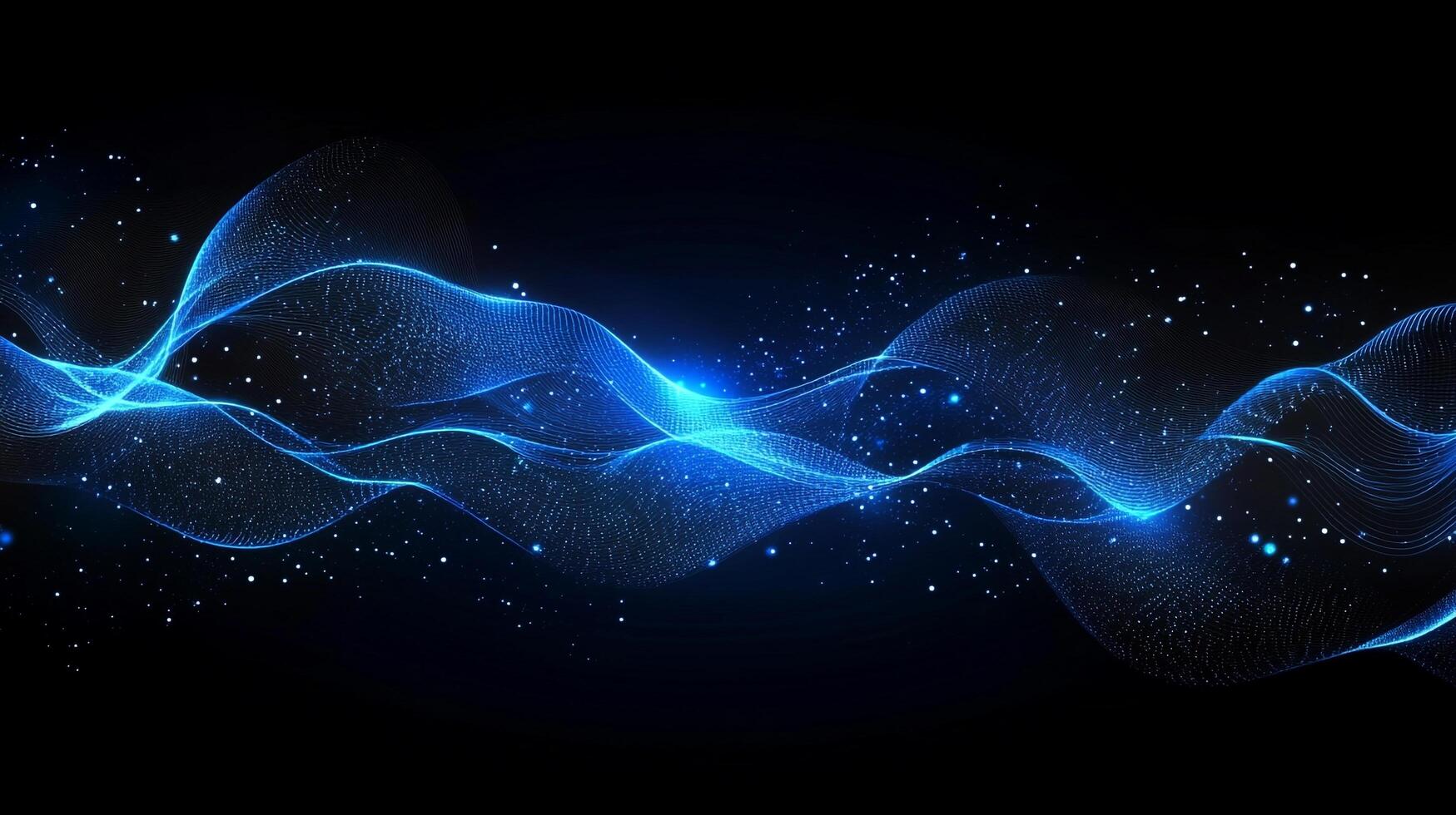 Abstract blue wave patterns against a dark background create a sense of motion and depth, with shimmering particles adding to the visual interest. photo