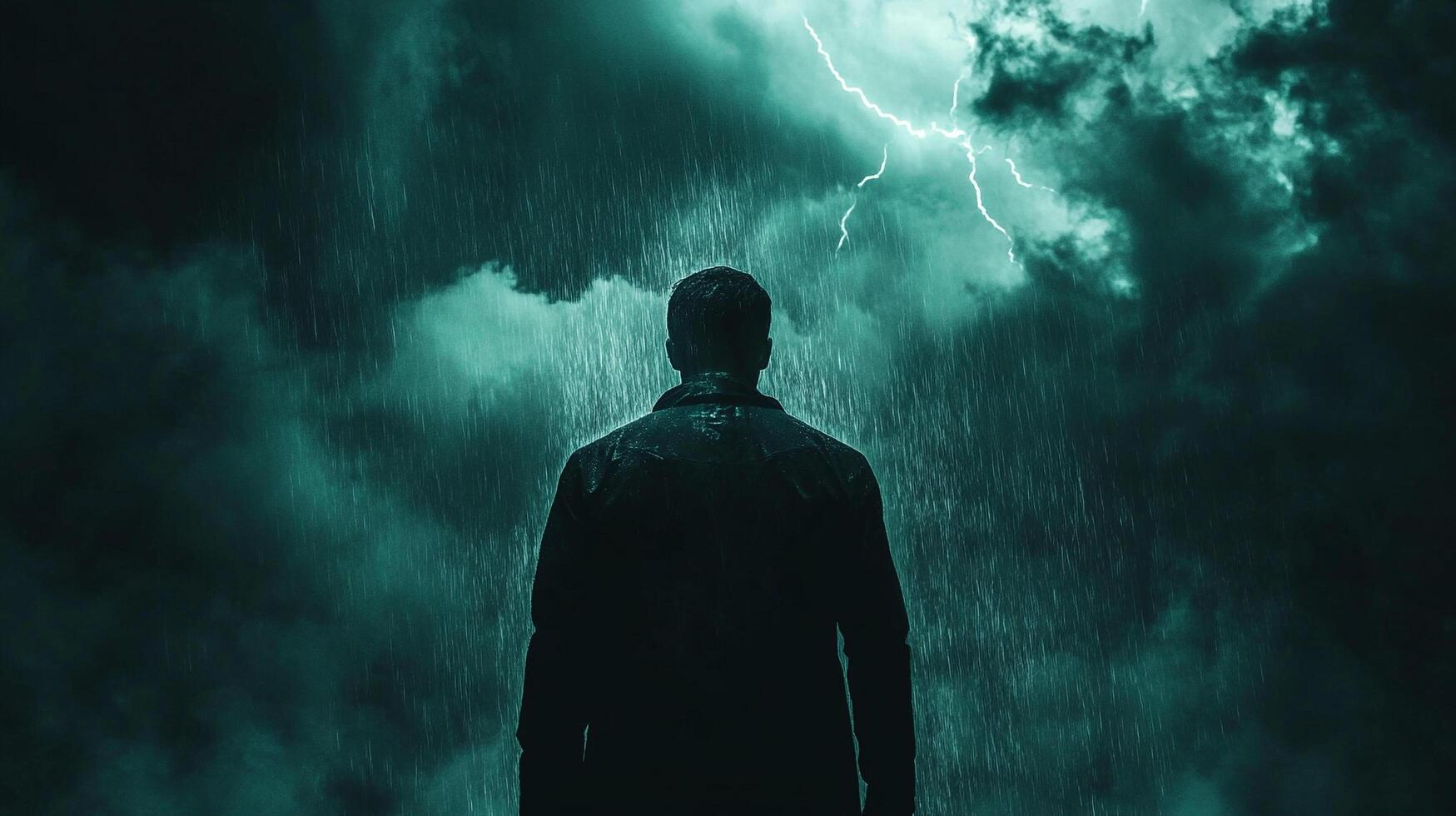 Silhouetted figure faces a dramatic thunderstorm, lightning illuminating the stormy sky and heavy rain in an intense and atmospheric scene. photo