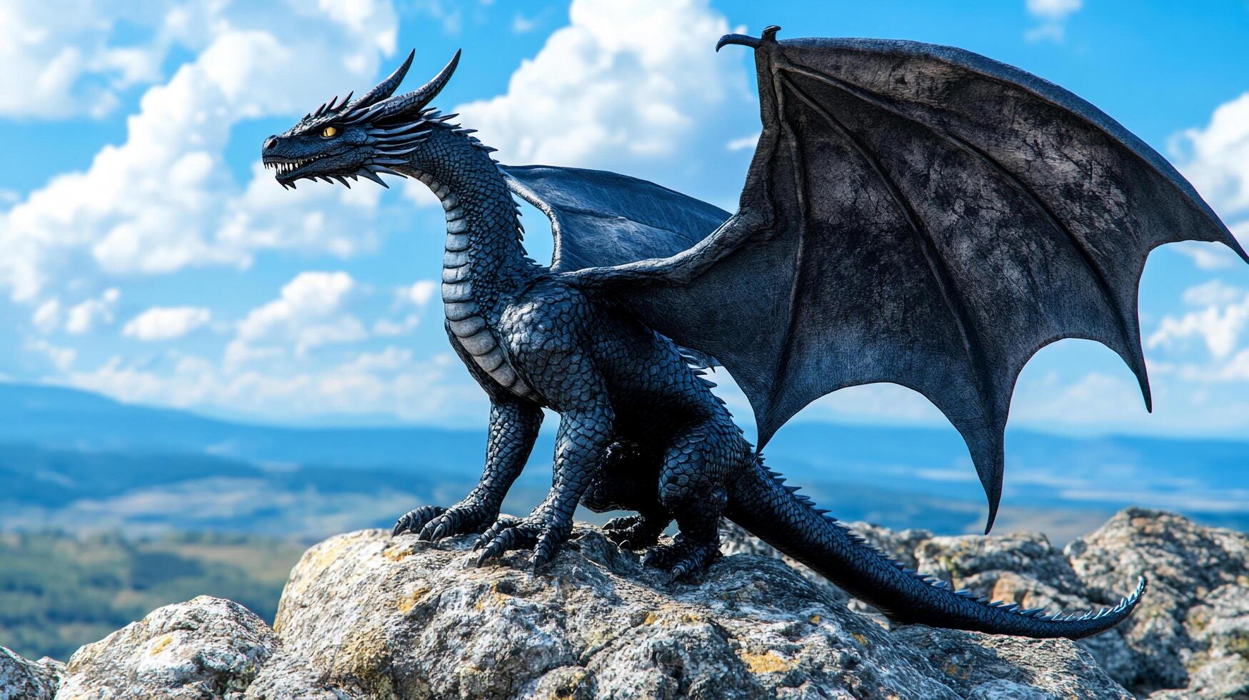Magnificent dark dragon perched atop a rocky peak against a backdrop of blue skies and distant mountains, a creature of fantasy. photo