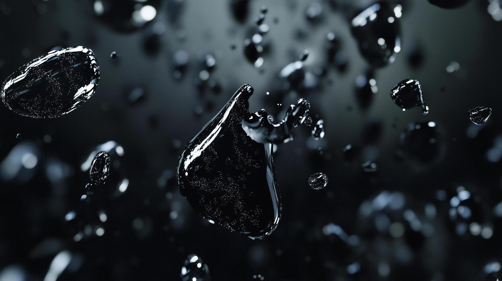Suspended in time, droplets of dark liquid form an ethereal dance against a backdrop of shadow and light, creating abstract patterns. photo