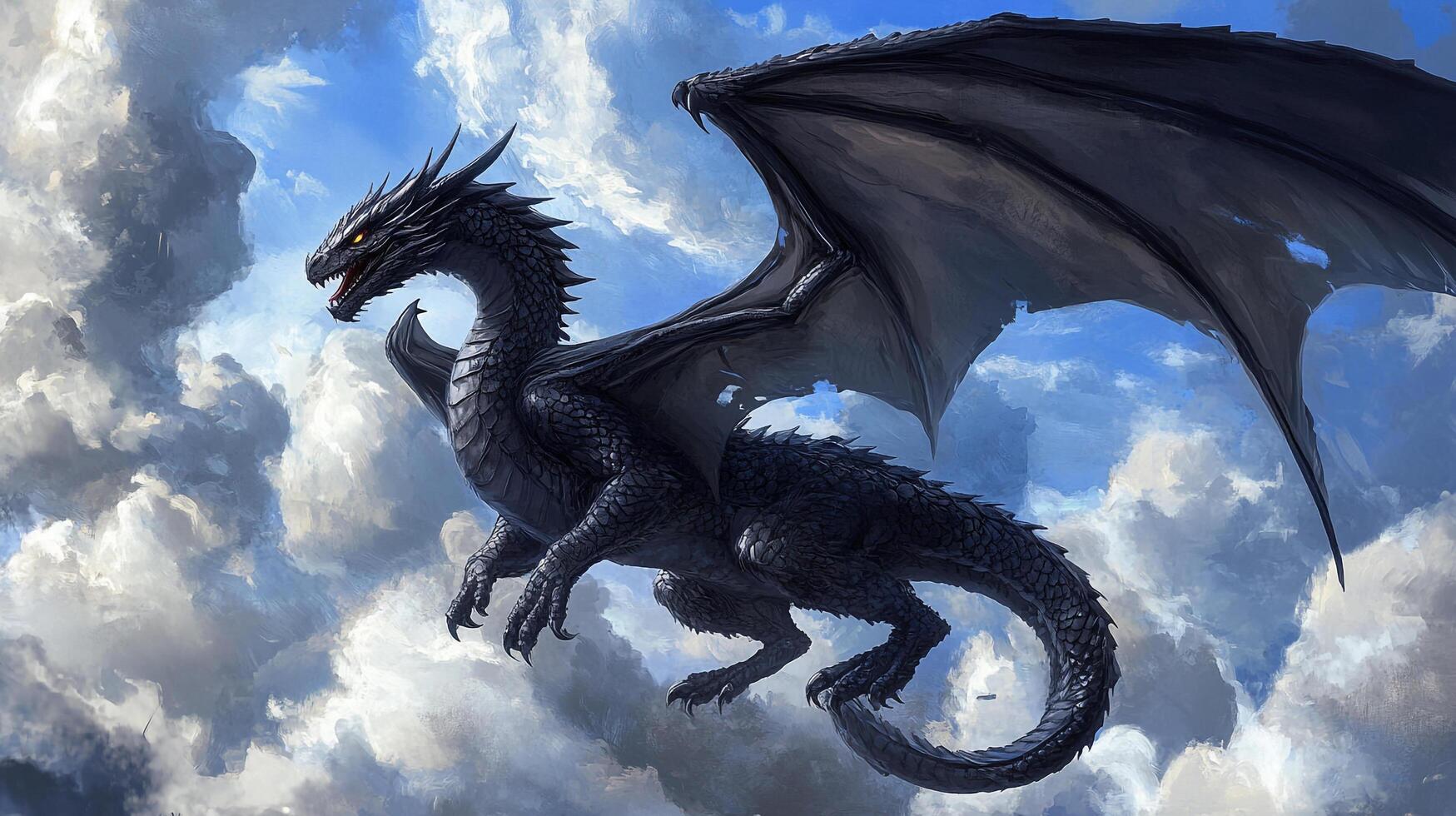 Majestic black dragon soars through the sky, with powerful wings spread against a backdrop of fluffy white clouds and blue sky. photo
