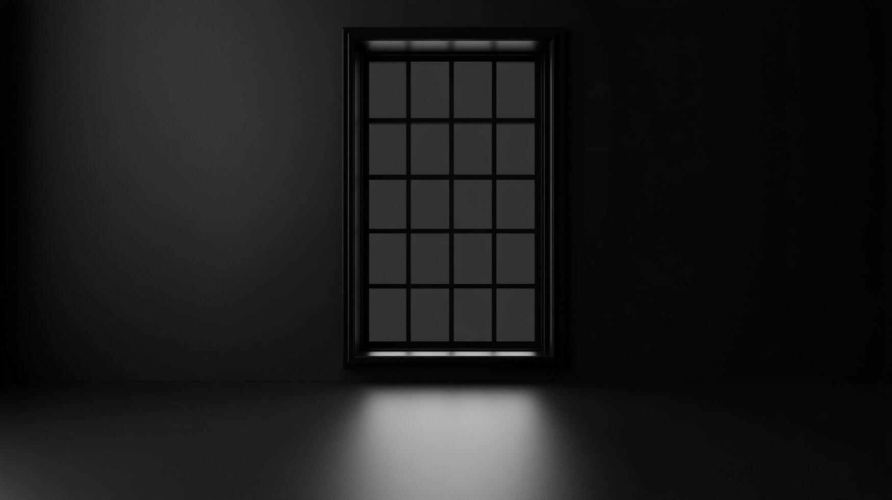 Minimalist dark room featuring a gridded window that allows subtle light to permeate the somber space, creating a visual contrast. photo