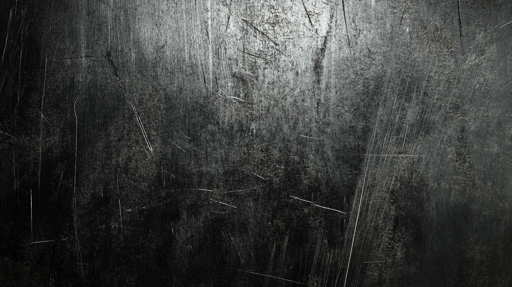 Distressed metal surface with scratches and wear, creating a textured and industrial look. Subtle light reflects across the dark background. photo