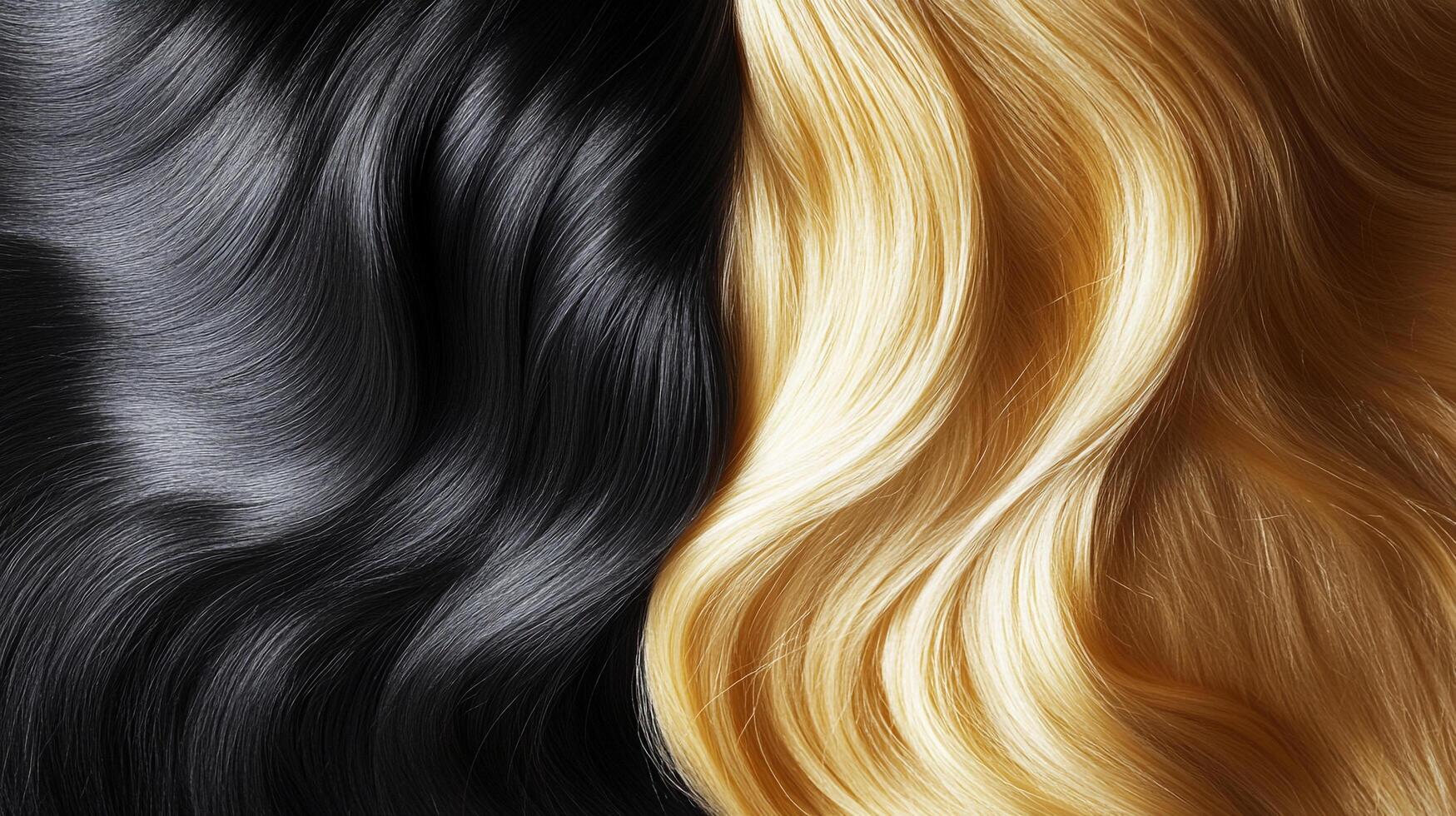 Contrasting hair colors side-by-side, one a deep black and the other a golden blonde, displaying a striking visual comparison. photo