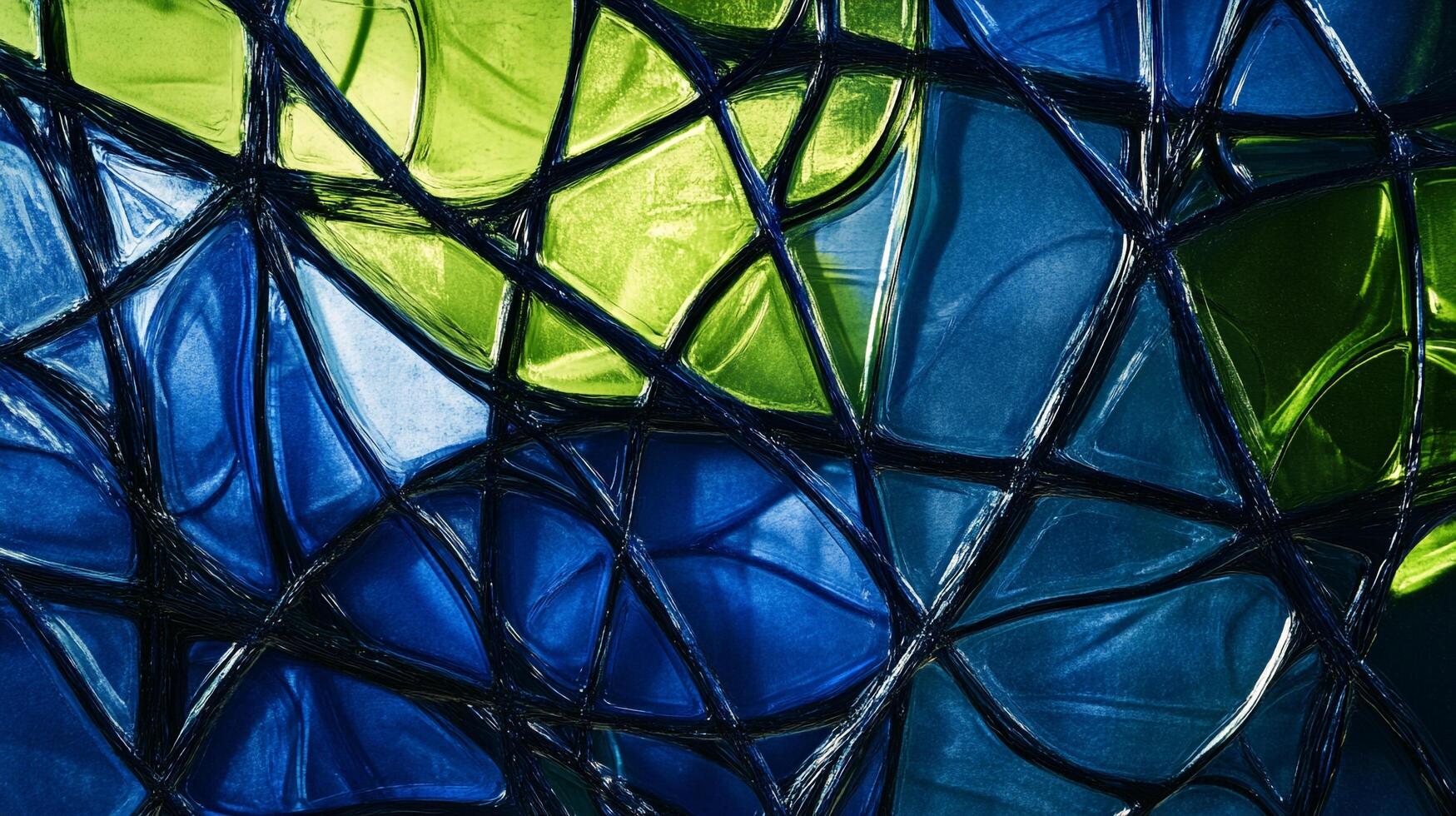 Abstract stained-glass artwork of geometric glass panes with blue and green colors intersecting with thick black lines. Mesmerizing and captivating photo