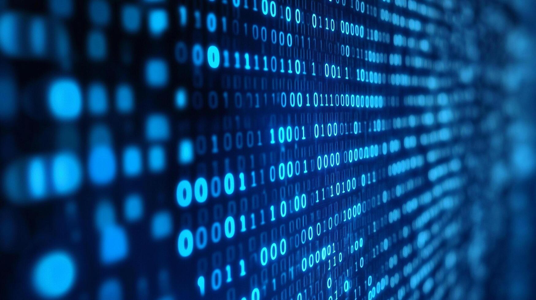Abstract digital display featuring rows of glowing blue binary code. Illustrative of information technology and complex computer systems. photo