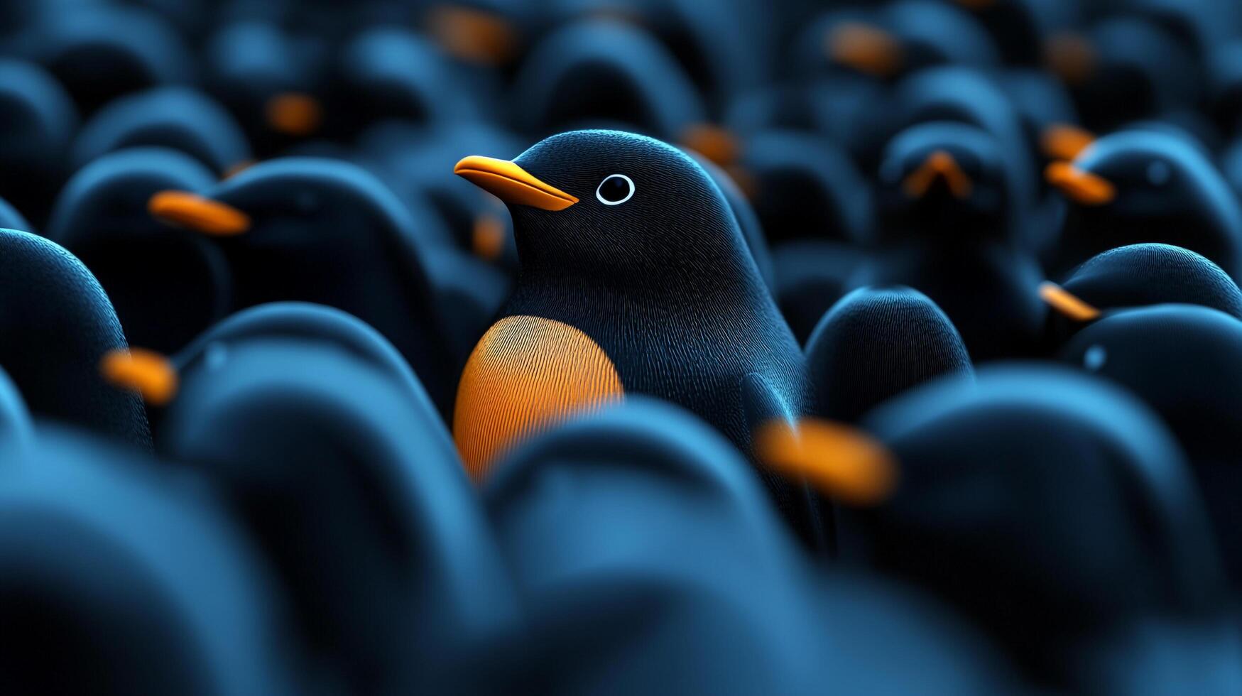 A solitary penguin stands out amongst a crowd of its peers. The penguin in focus is vibrant against the monochromatic background. photo