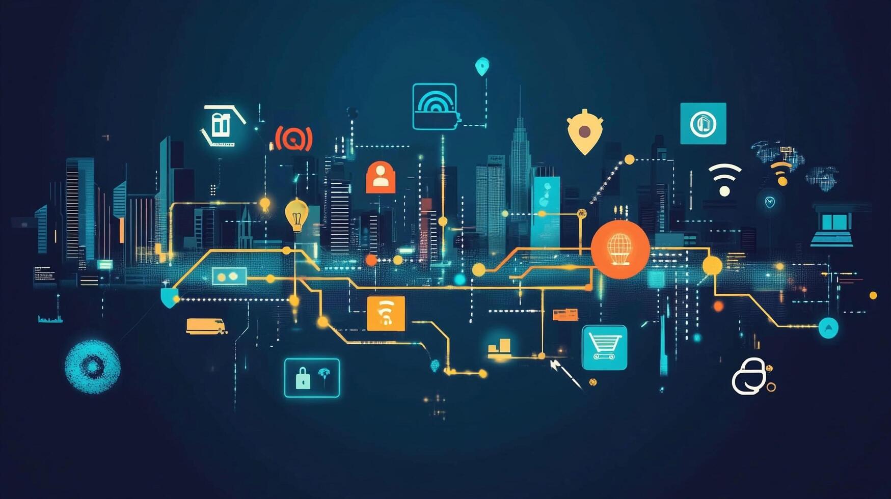 Cityscape interconnected by a digital network, showcasing data flow and connectivity in a modern technological landscape. photo