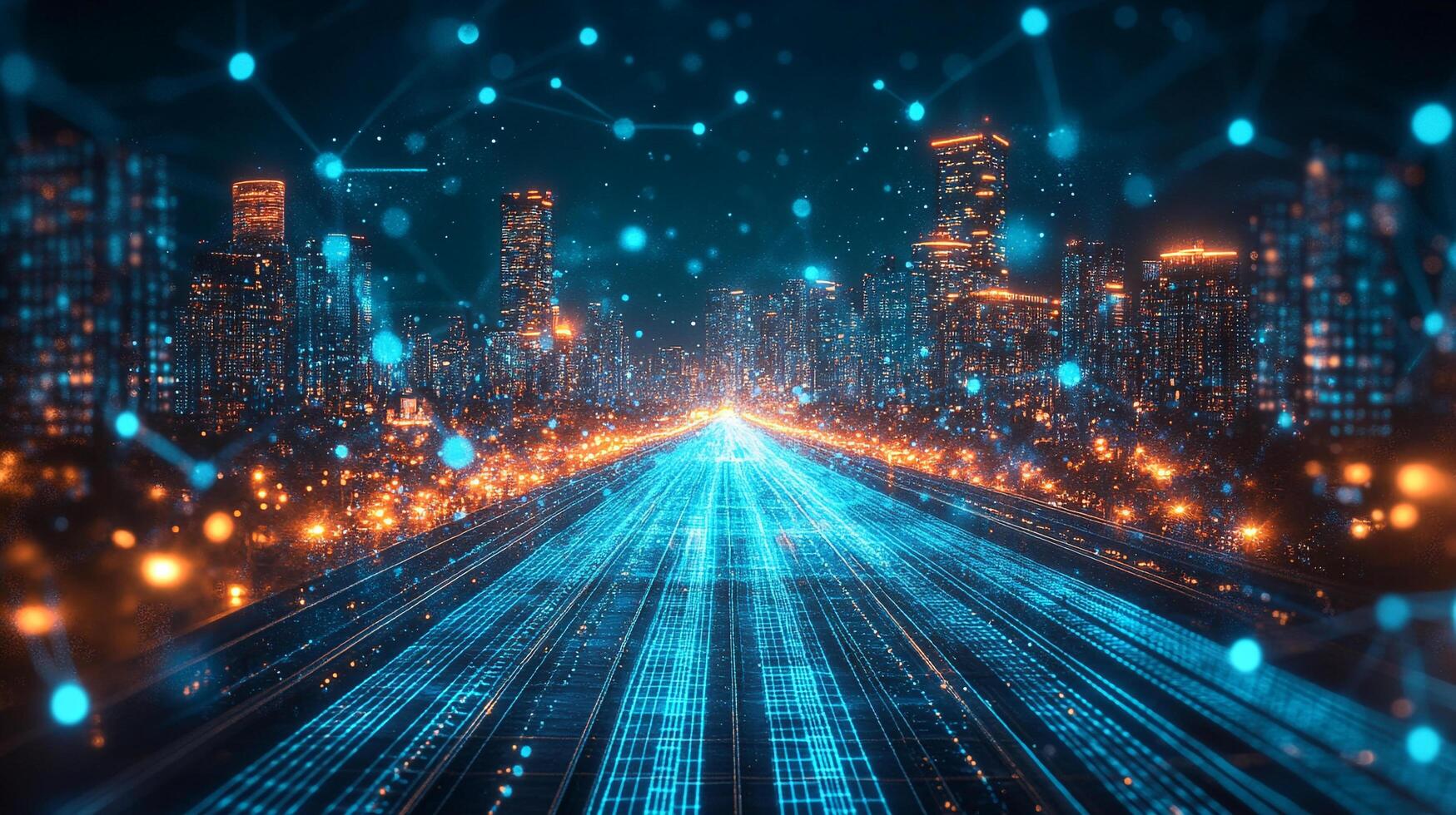Futuristic city with illuminated data streams, representing a connected urban landscape and technological advancement at night. photo