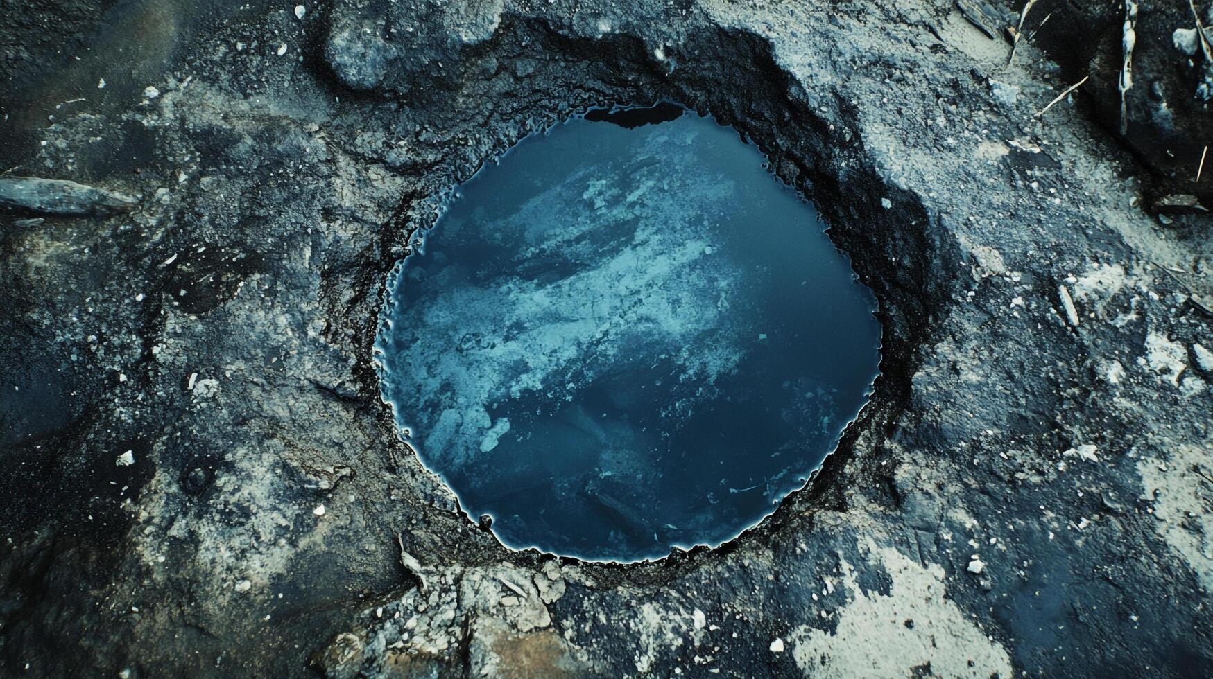 Mysterious pool surrounded by rugged earth. The dark water reflects the sky above, creating a surreal and serene landscape element. photo