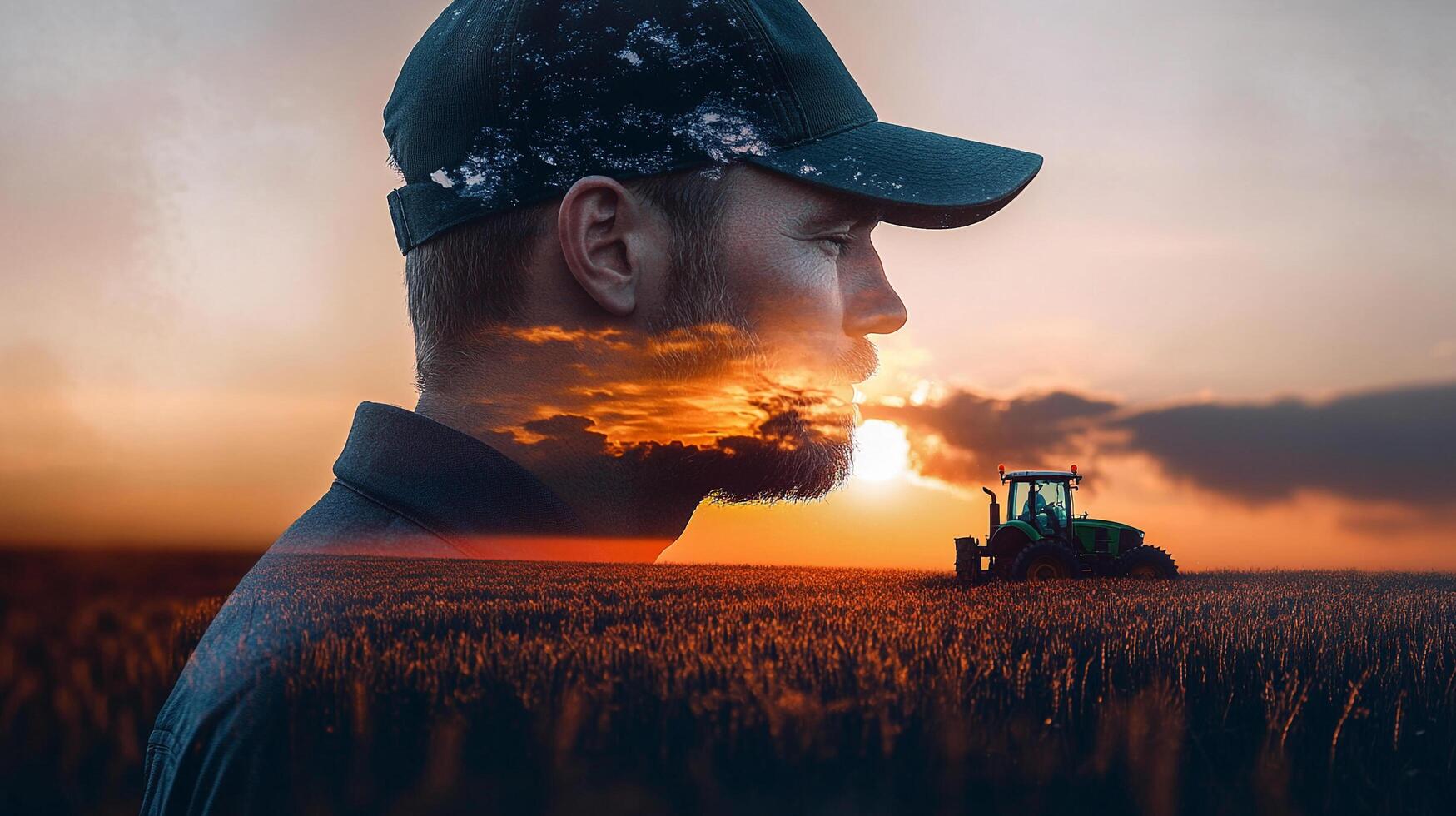 Contemplative farmer with overlay of sunset over field. A tractor stands in the distance. Rural future, hard work, nature, farming. photo