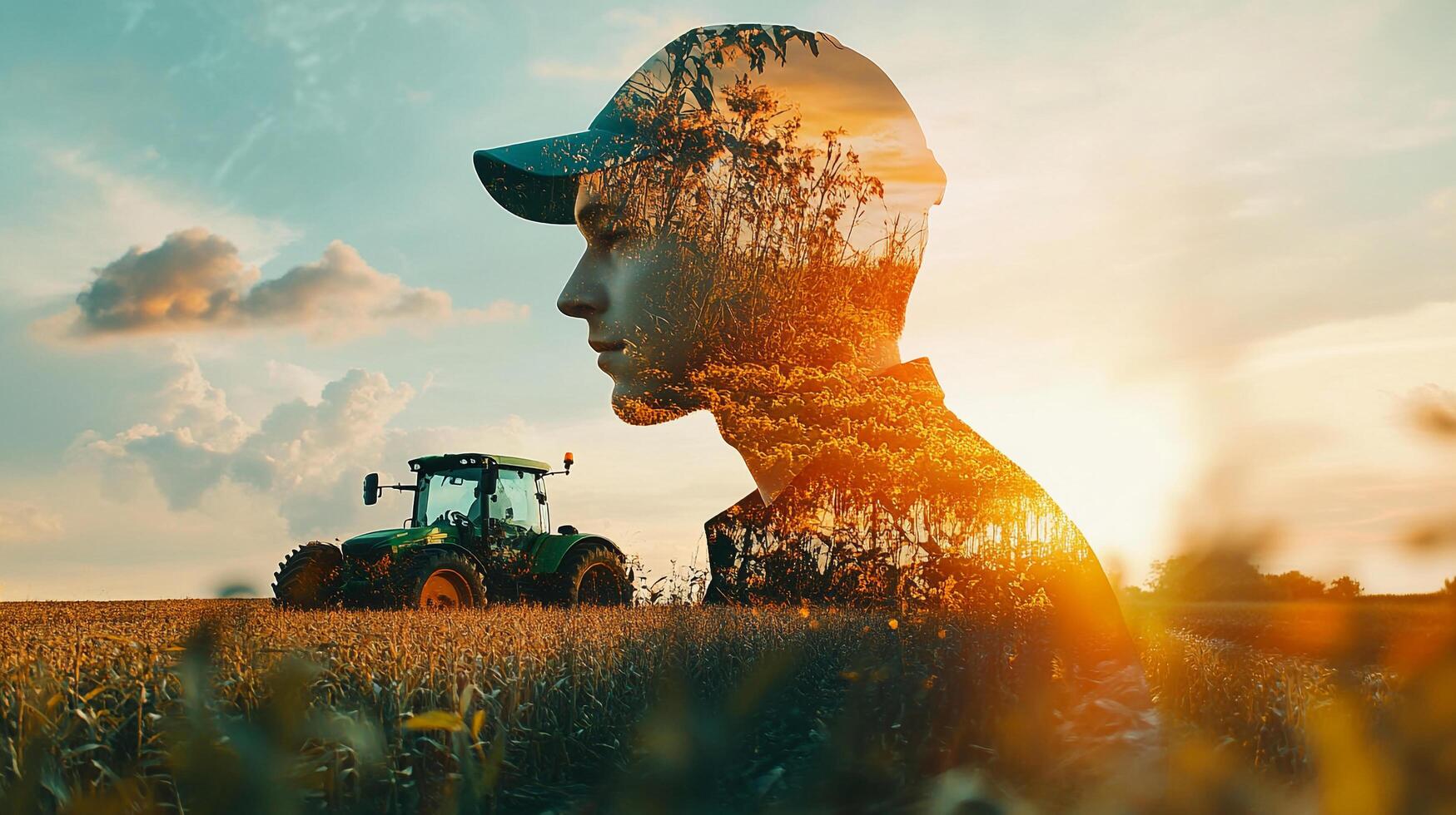 Double exposure shot of a farmer with a tractor in a field, merging agriculture and nature into one, creating a unique and symbolic portrait. photo