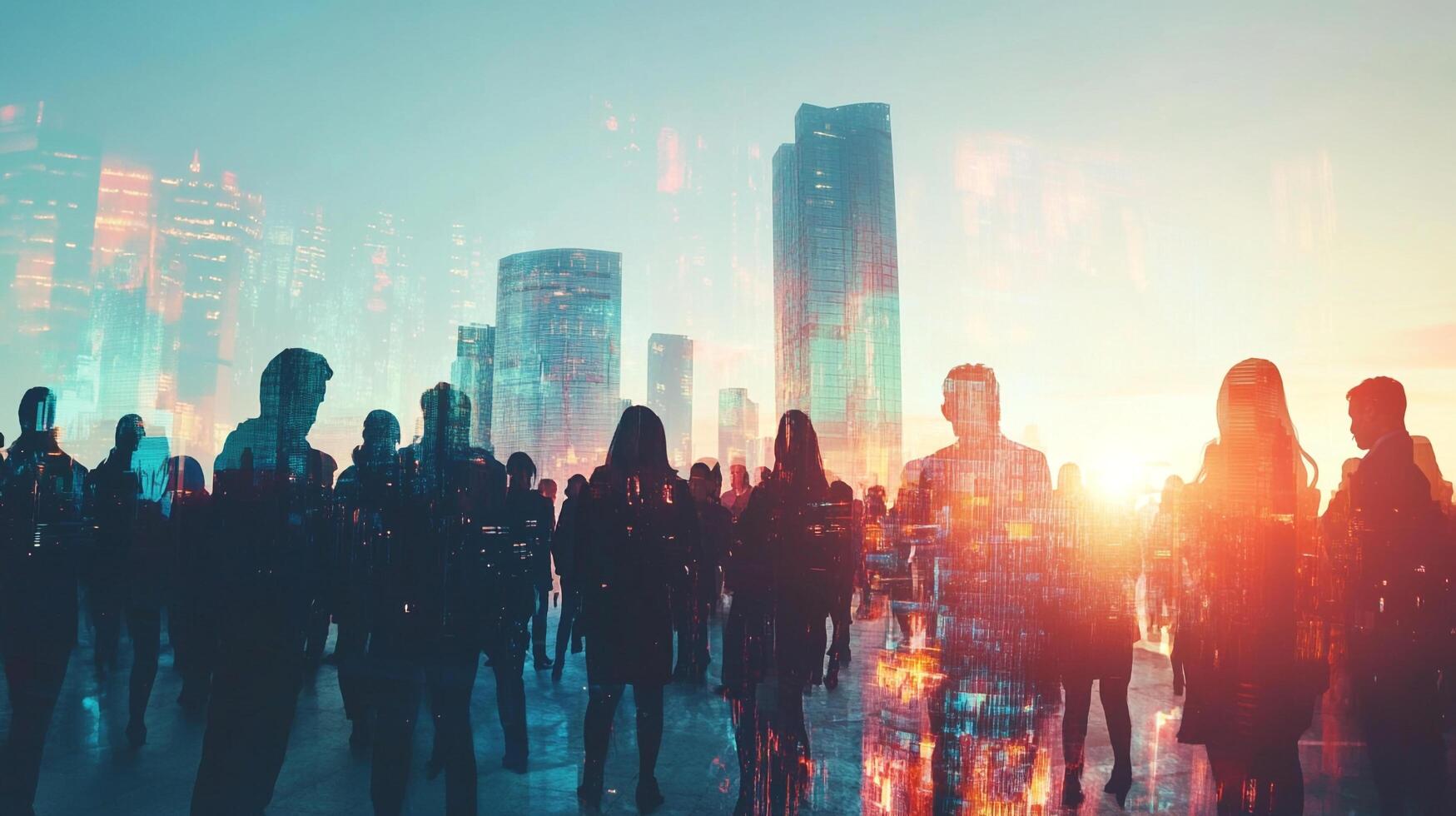 Silhouetted figures walking in a city. Modern buildings reflecting in the foreground. A vibrant sky suggests dawn or dusk. photo