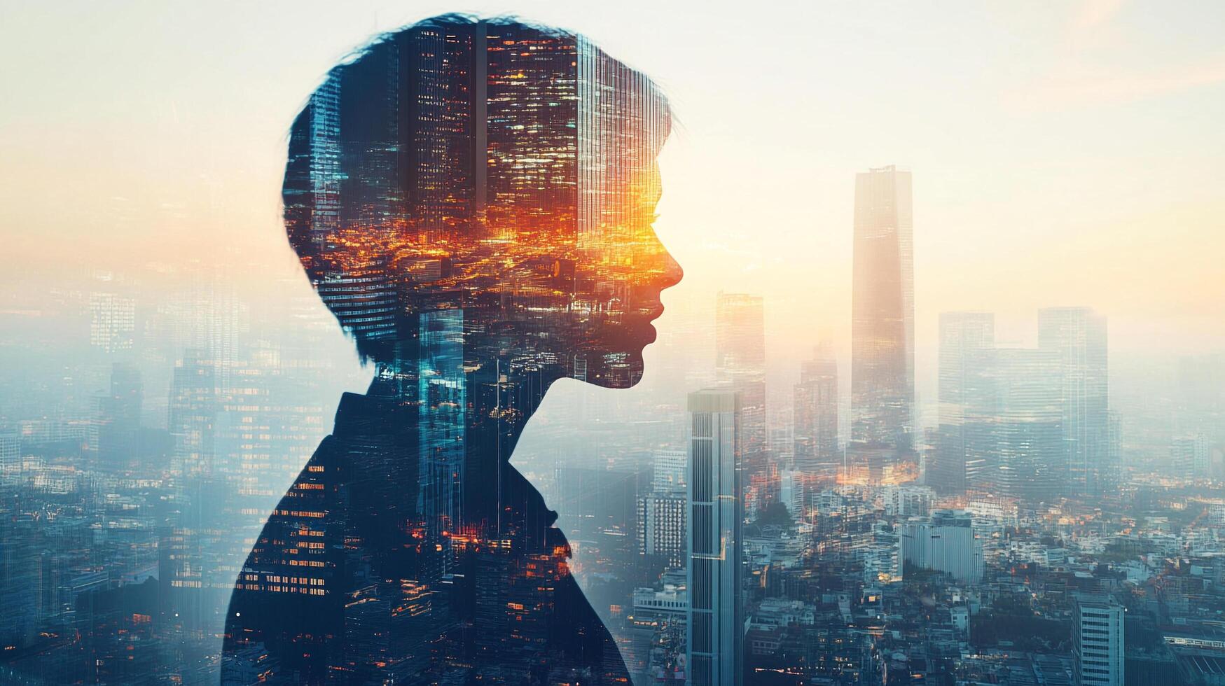 Double exposure artfully merges a woman's silhouette with a vibrant city skyline, symbolizing ambition and urban aspirations. photo