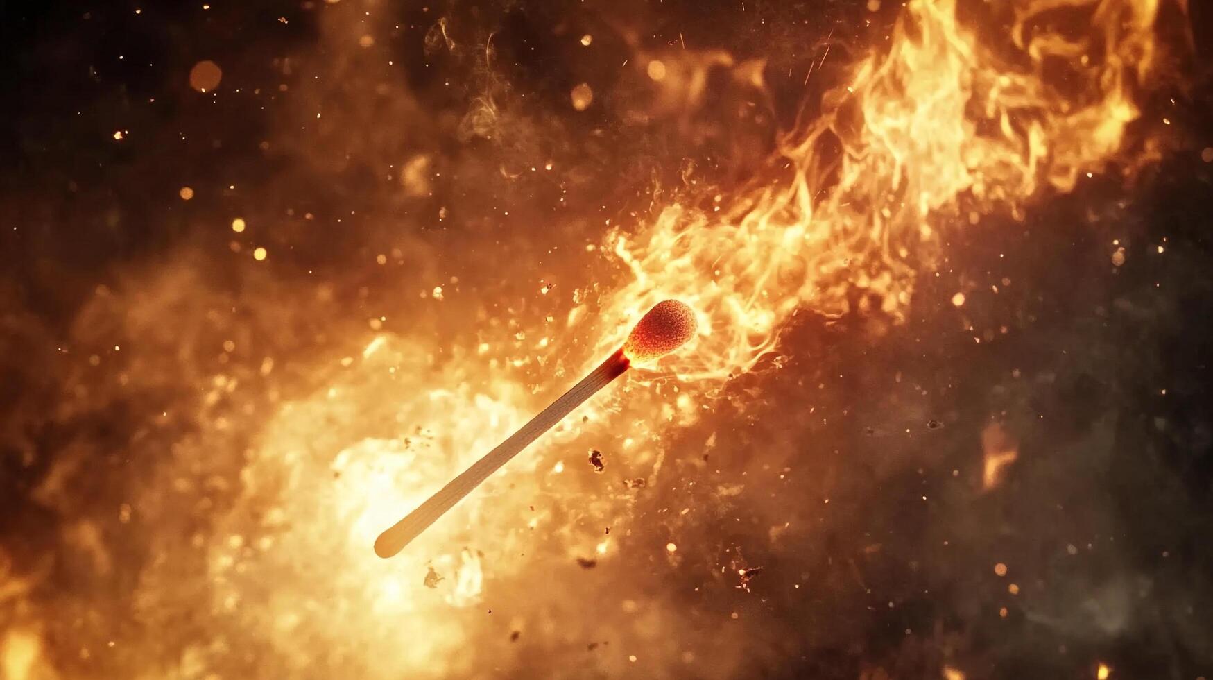 Ignited matchstick surrounded by flames and sparks, illustrating fire's intensity and the rapid spread of combustion in an abstract setting. photo