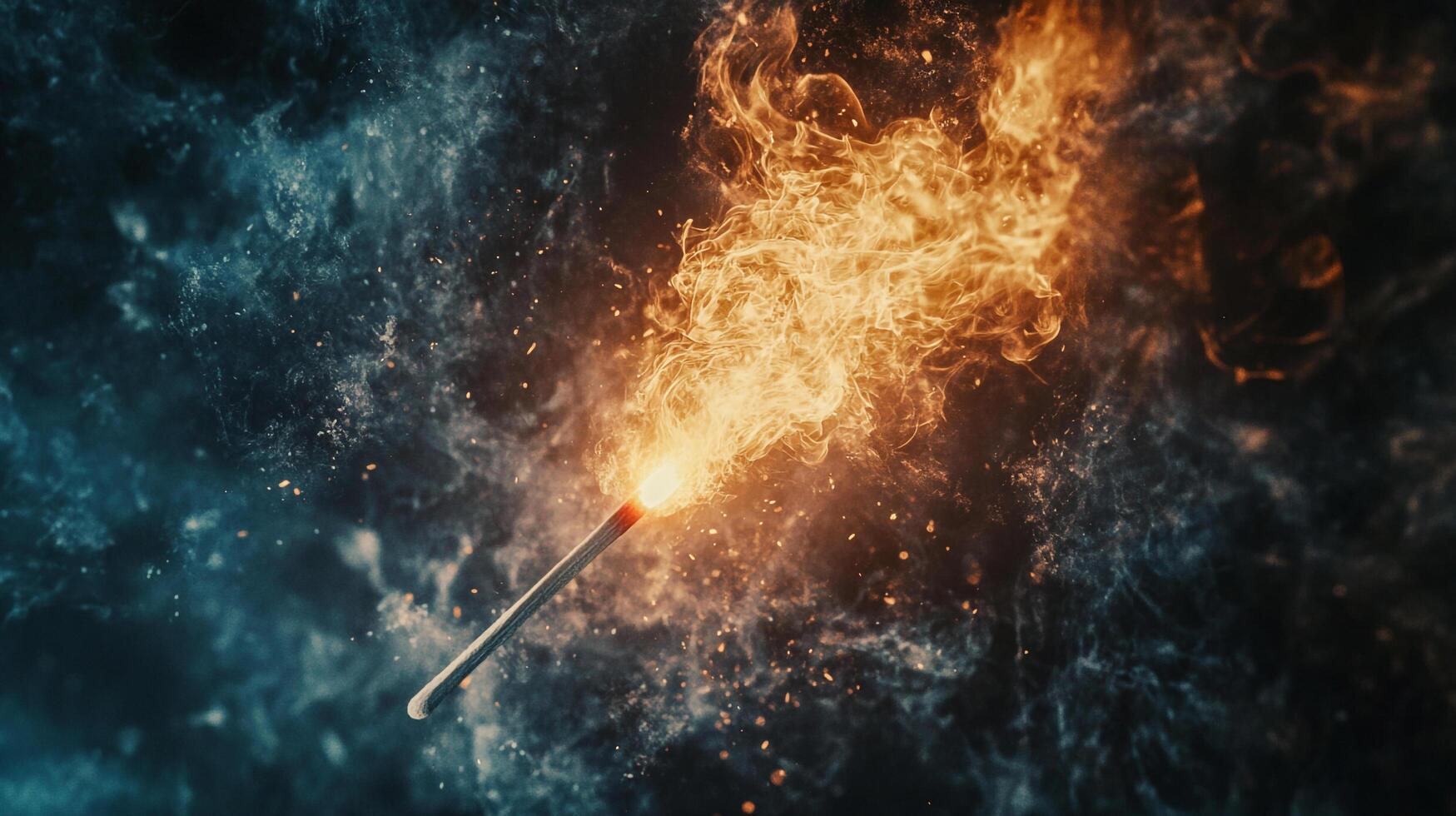 Burning matchstick ignites against a smoky backdrop, a symbol of fleeting moments and the power of a single spark. Fiery and ethereal. photo