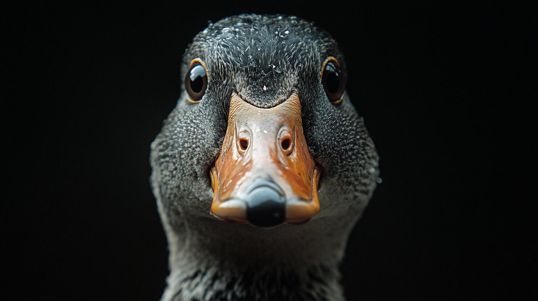 Close-up portrait of a duck with detailed feathers and a striking gaze. The bird's intense stare and detailed features are captivating. photo