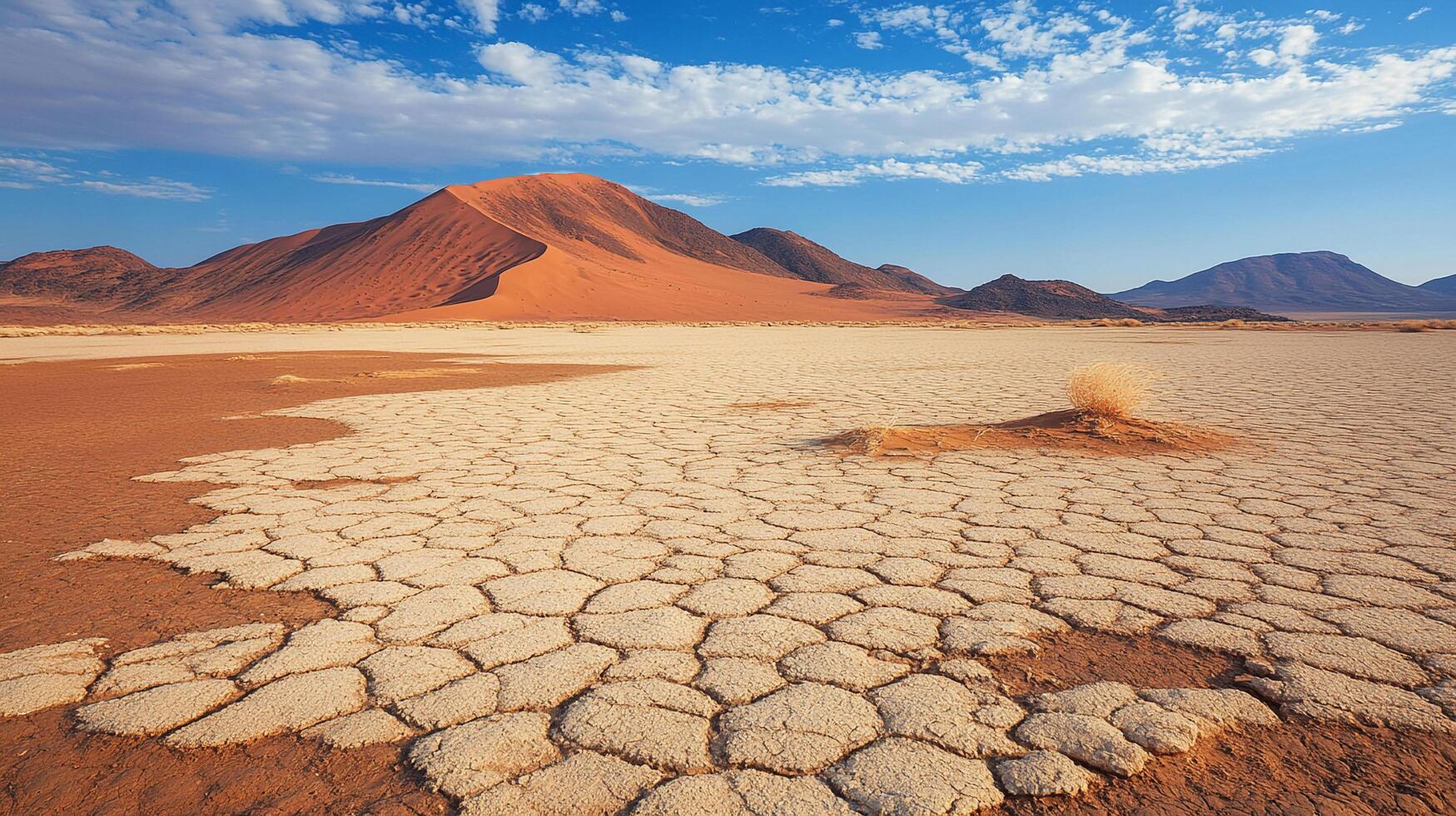 Arid desert landscape with cracked earth, distant mountains, and dramatic blue sky with clouds evokes desolation and natural beauty. photo