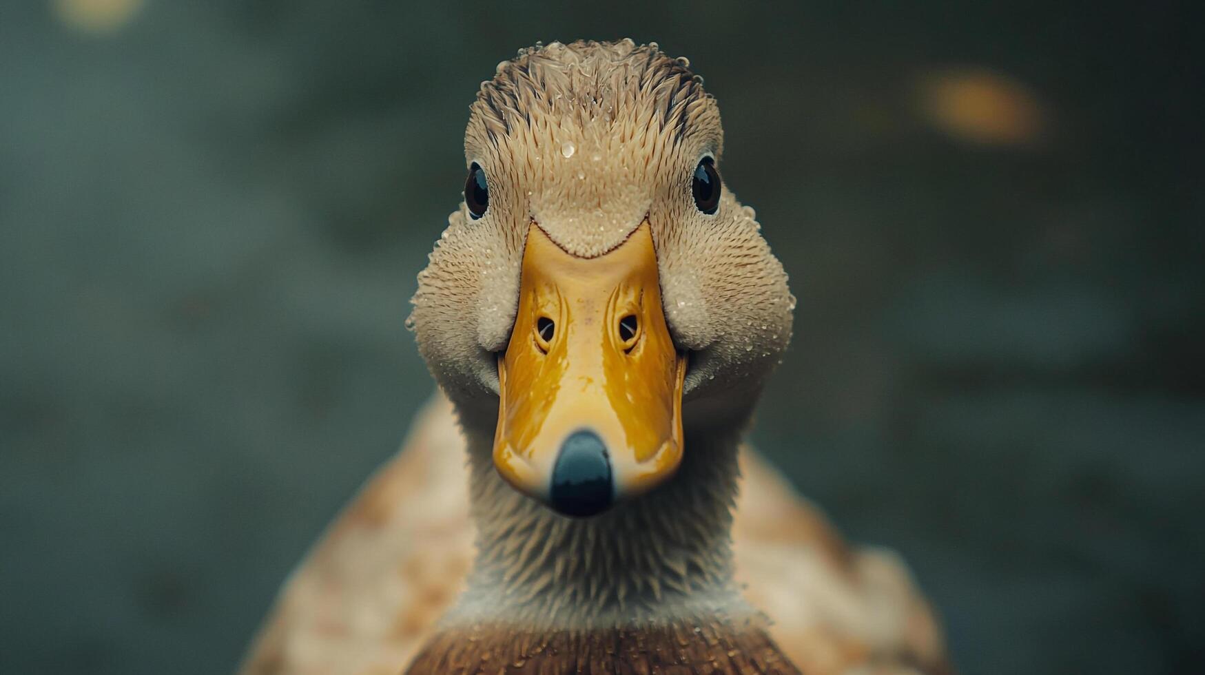 Direct gaze from a wet duck with droplets on its head, featuring a prominent yellow beak and a blurry water backdrop. photo