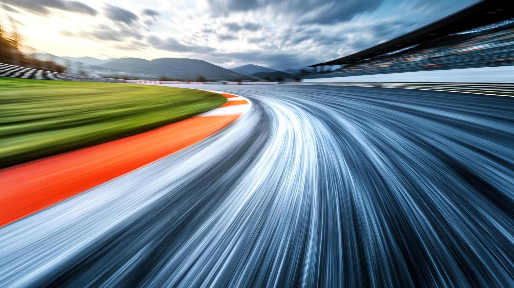 Motion blurred race track with asphalt speeding towards the horizon, under a cloudy sky, capturing the speed of auto racing. photo