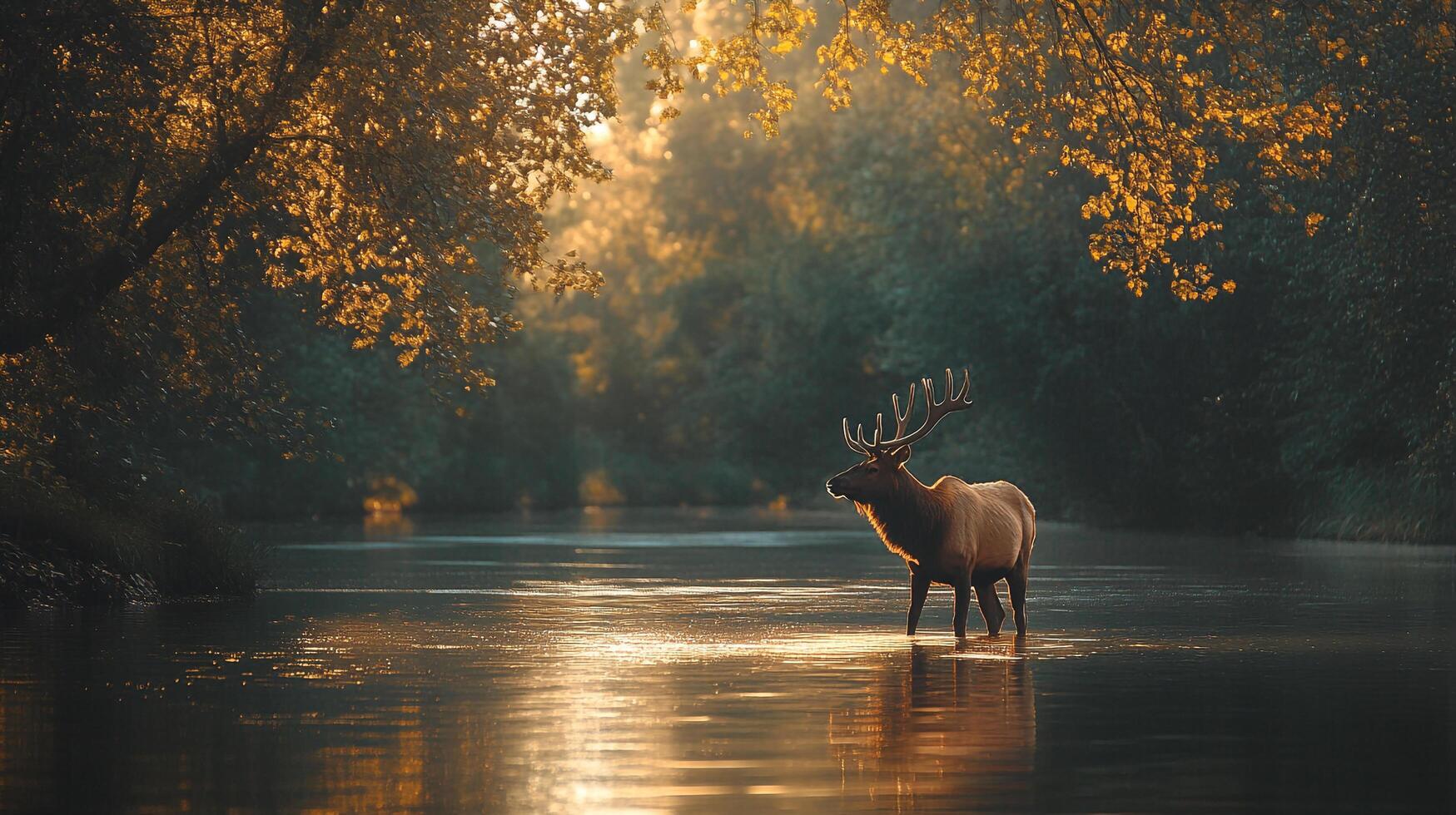 Majestic elk wades through a tranquil river, illuminated by golden sunlight filtering through the forest. Serene wildlife scenery. photo